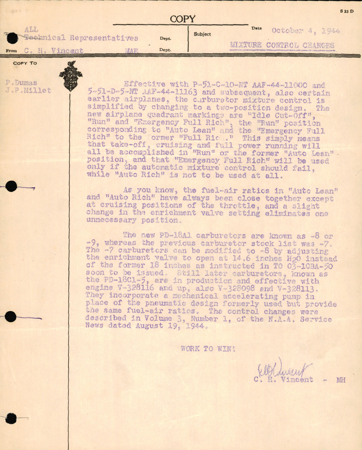 Sample page 1 from AirCorps Library document: Correspondence Concerning Mixture Control Changes for PD-18A1 Carburetors