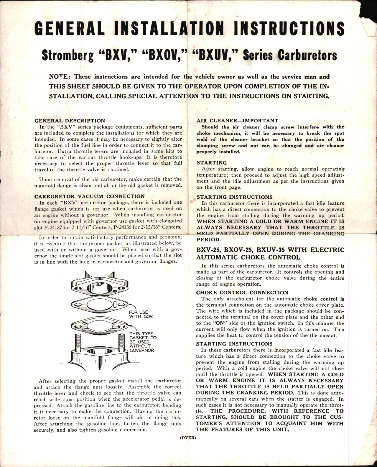 Sample page 1 from AirCorps Library document: General Installation Instructions for Stromberg BXV, BXOV, and BXUV Series Carburetors