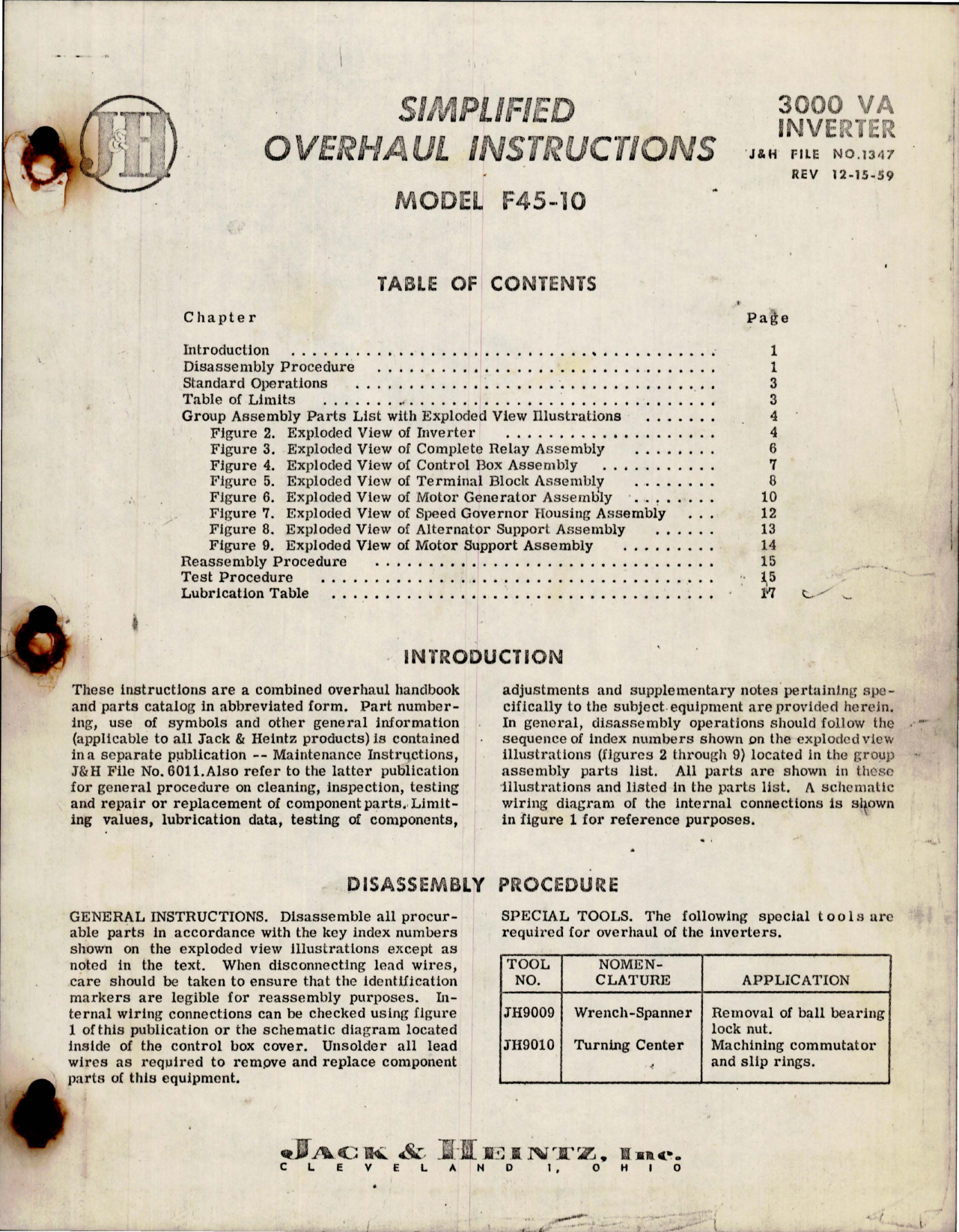 Sample page 1 from AirCorps Library document: Overhaul Instructions for Inverter - 3000 VA - Model F45-10 