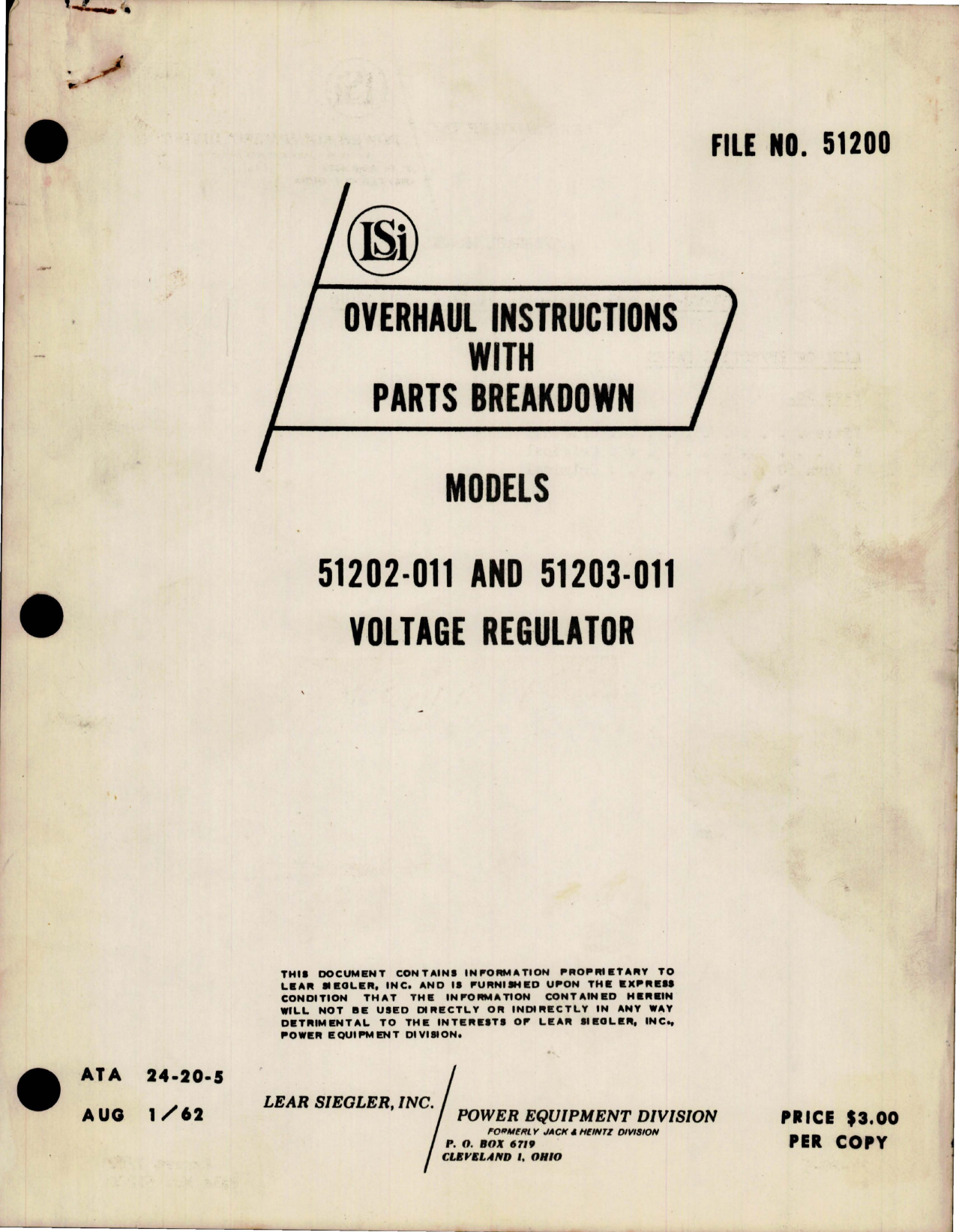 Sample page 1 from AirCorps Library document: Overhaul Instructions with Parts Breakdown for Voltage Regulator - Models 51202-011 and 51203-011 