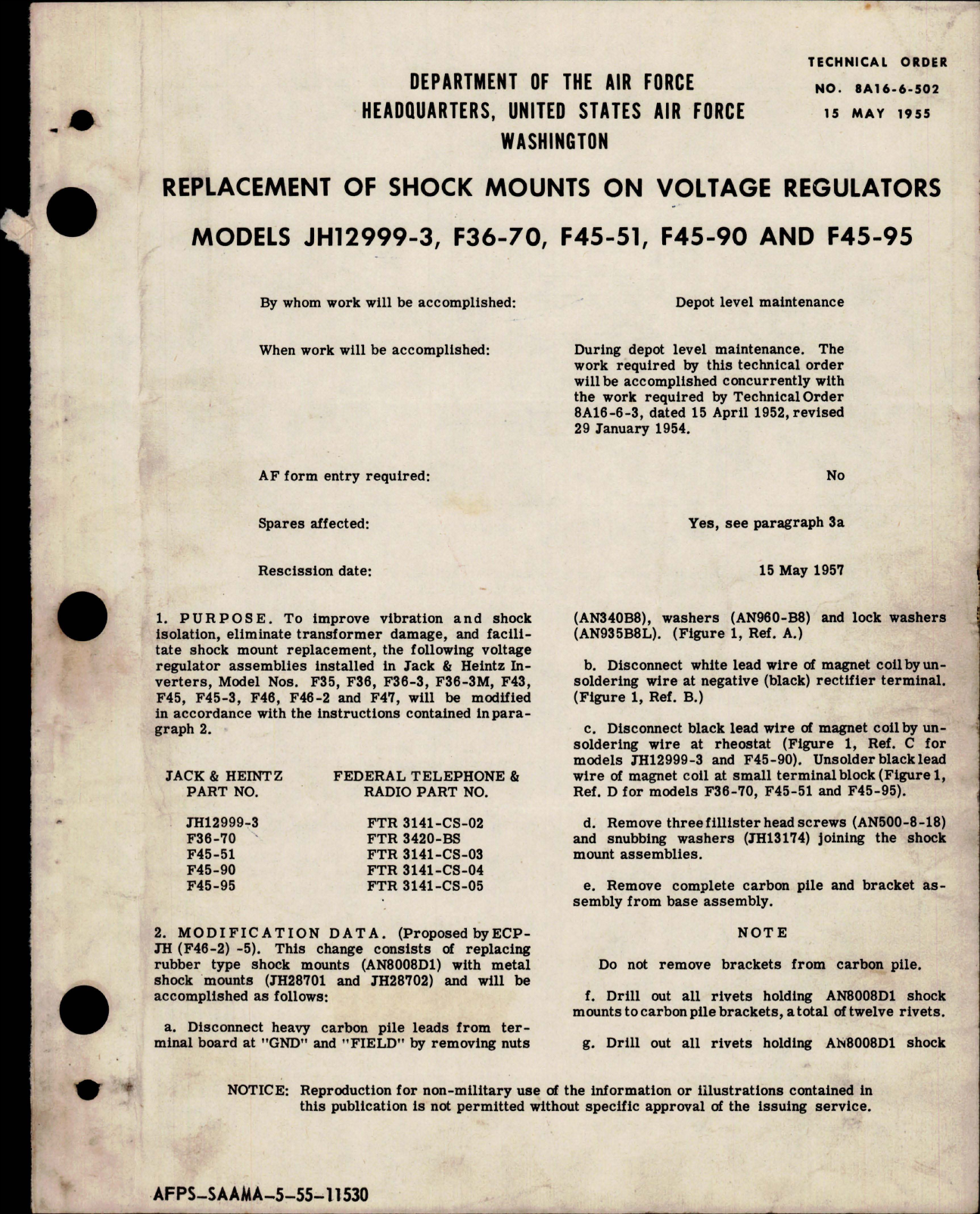 Sample page 1 from AirCorps Library document: Replacement of Shock Mounts on Voltage Regulators 