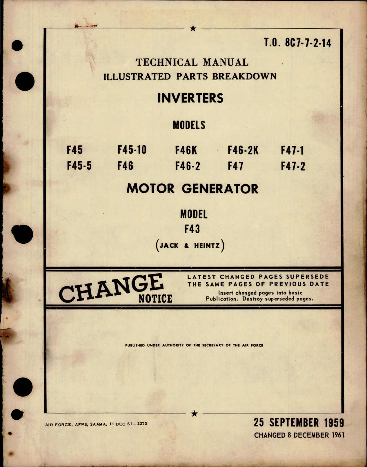 Sample page 1 from AirCorps Library document: Illustrated Parts Breakdown for Inverters and Motor Generator 