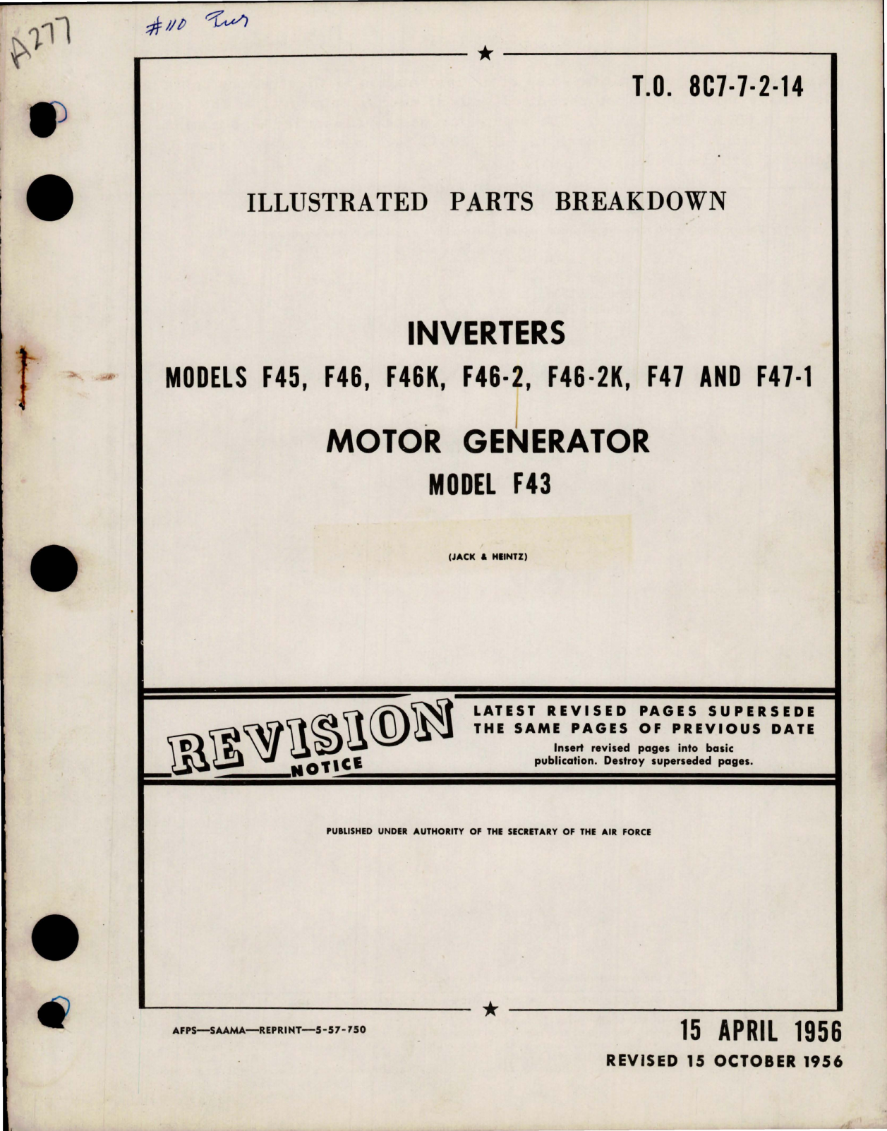 Sample page 1 from AirCorps Library document: Illustrated Parts Breakdown for Inverters and Motor Generator 