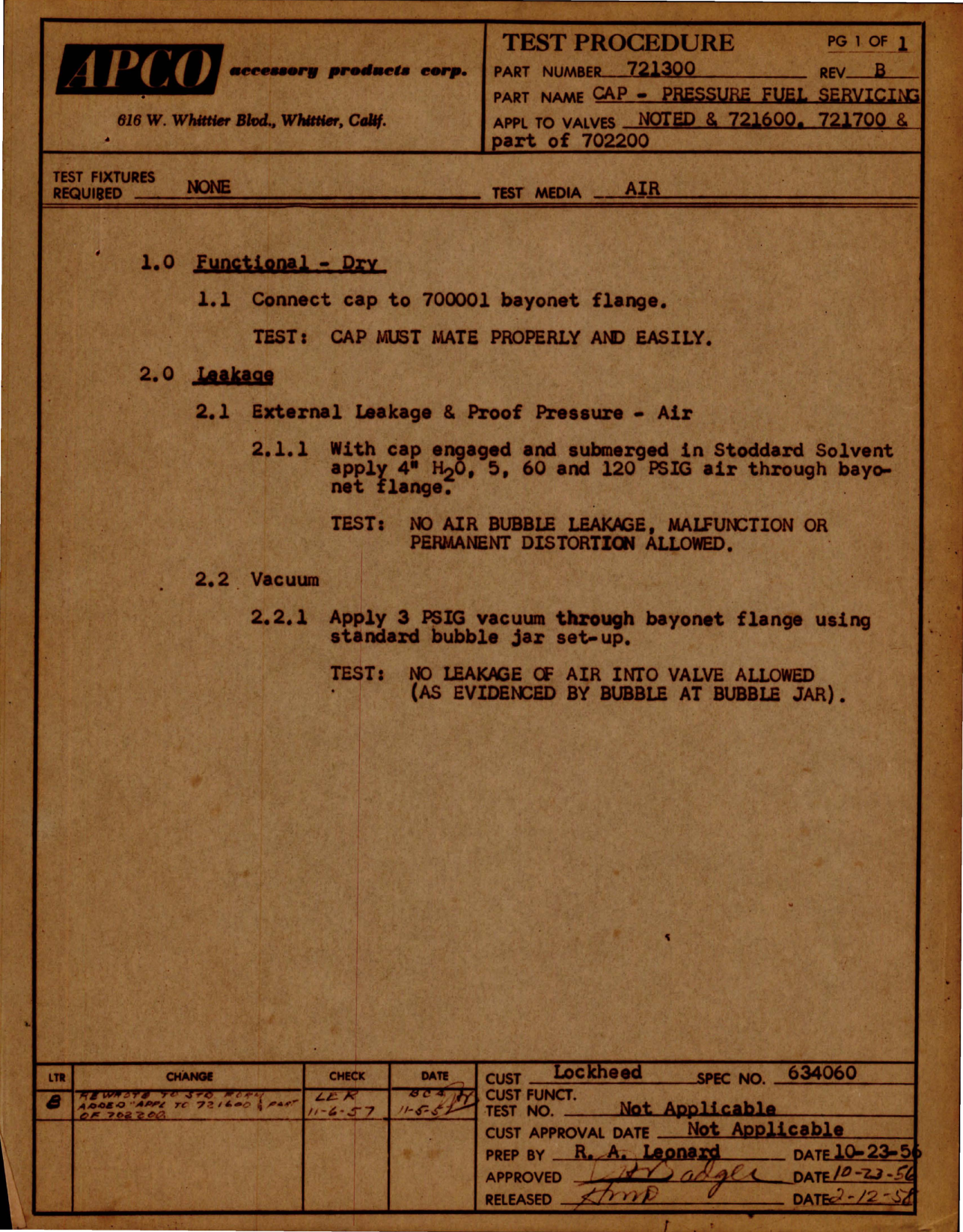 Sample page 1 from AirCorps Library document: Test Procedure for Pressure Fuel Servicing Cap - Part 721300 