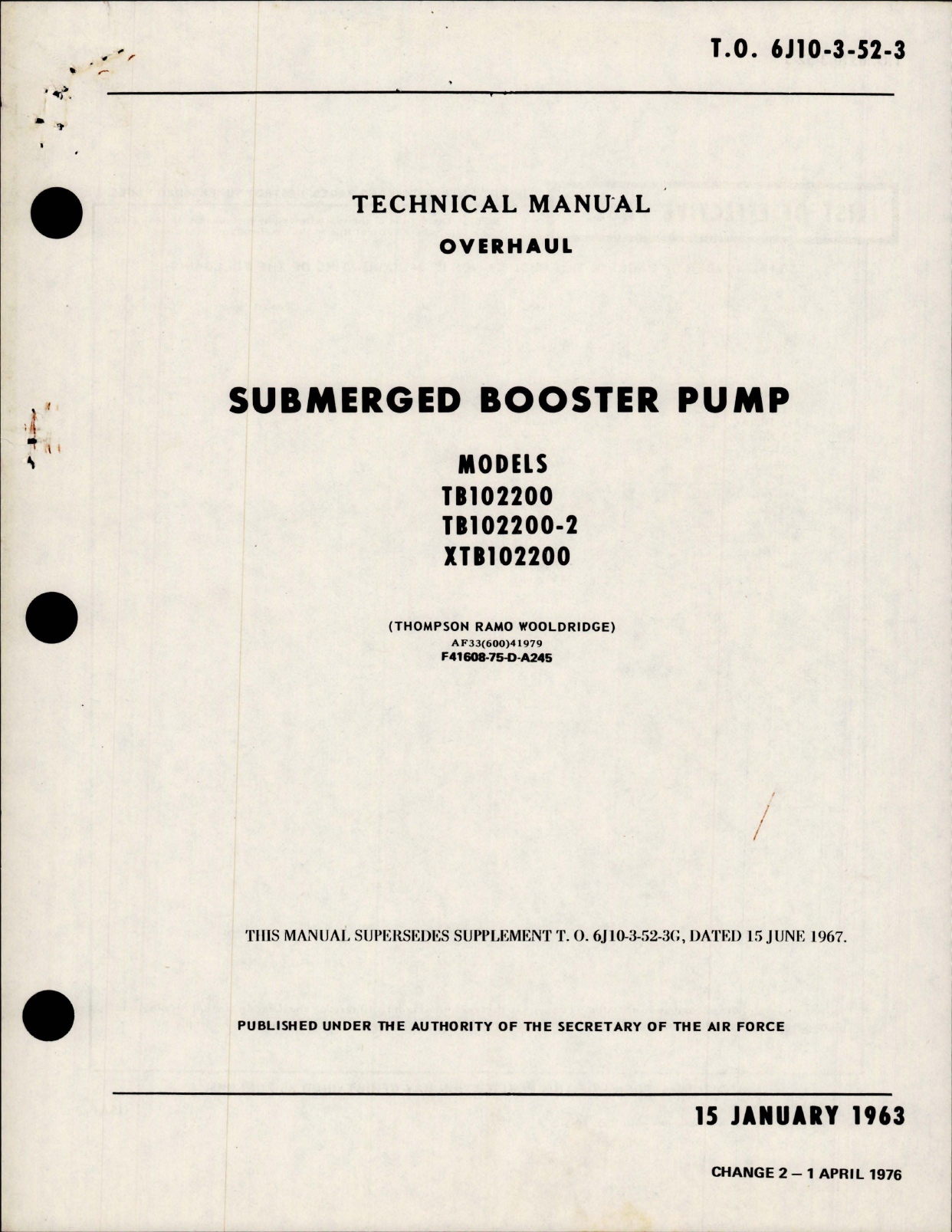 Sample page 1 from AirCorps Library document: Overhaul Manual for Submerged Booster Pumps - Models TB102200, TB102200-2, XTB102200