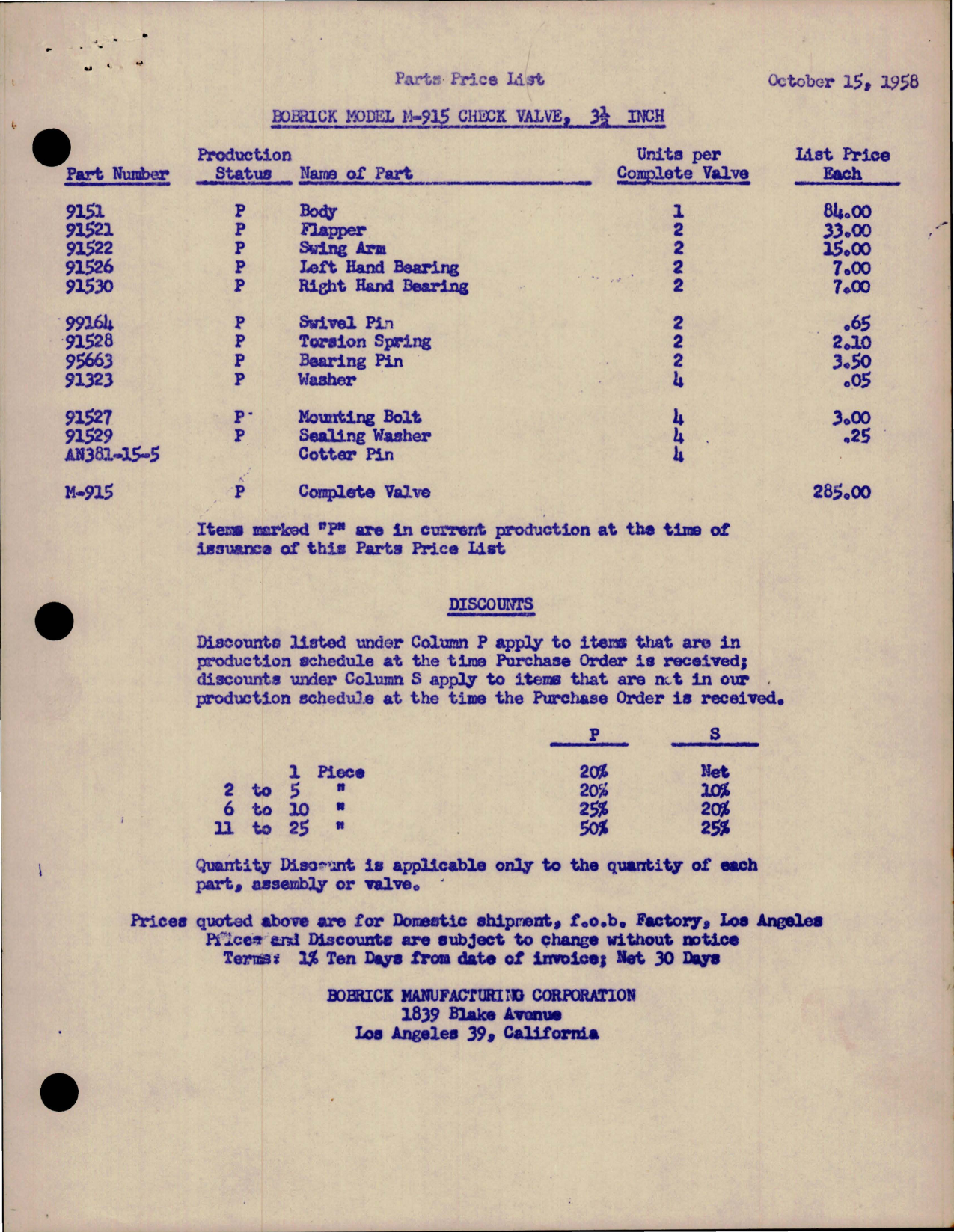 Sample page 1 from AirCorps Library document: Parts Price List for Check Valve 3 1-2 inch - Model M-915 