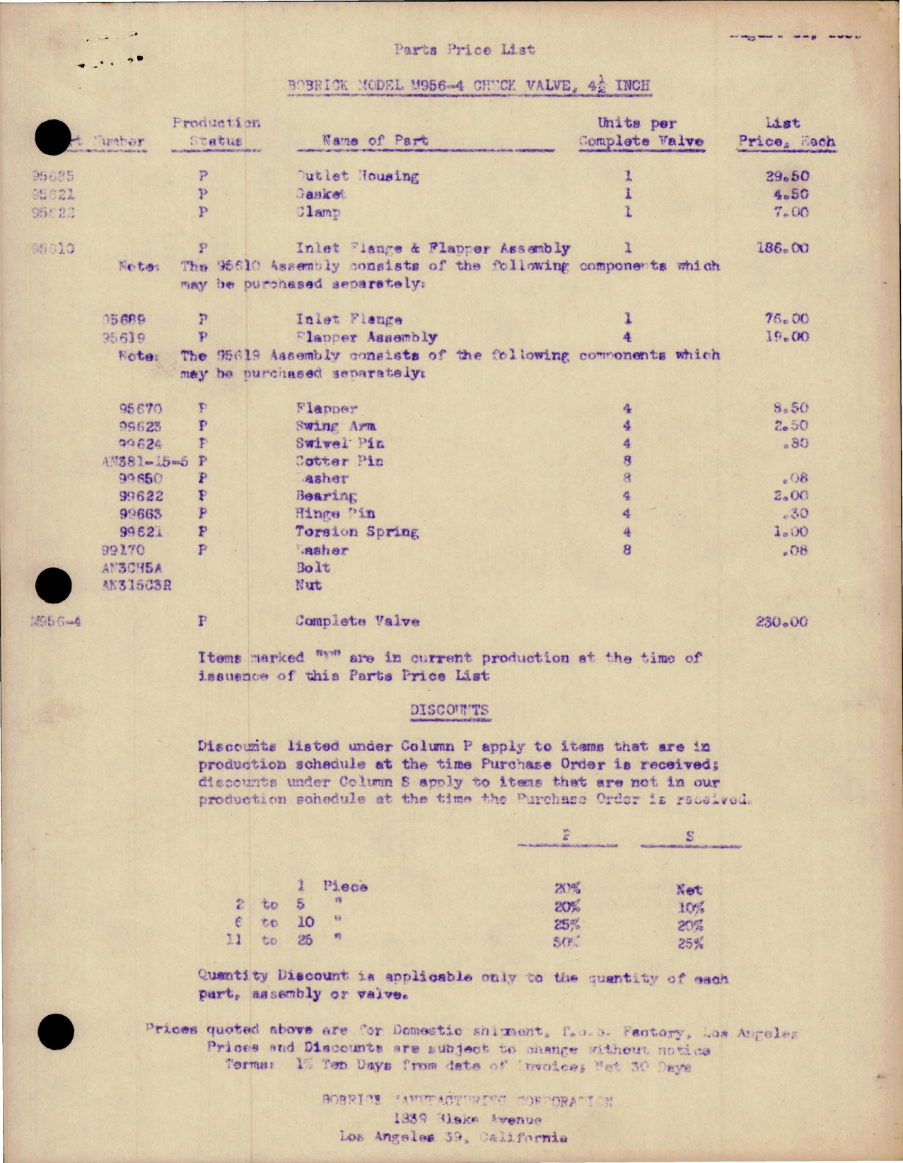 Sample page 1 from AirCorps Library document: Parts Price List for Check Valve 4 1/2 INCH - Model M956-4 