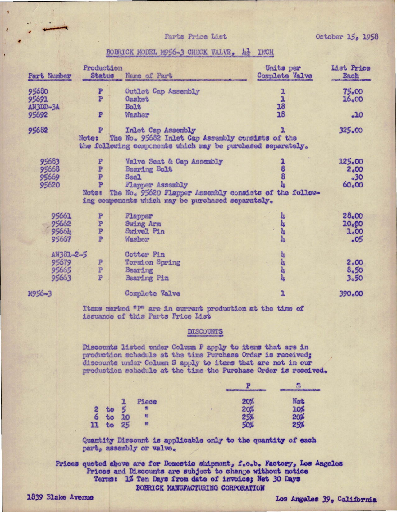 Sample page 1 from AirCorps Library document: Parts Price List for Check Valve 4 1/2 inch - Model M956-3 
