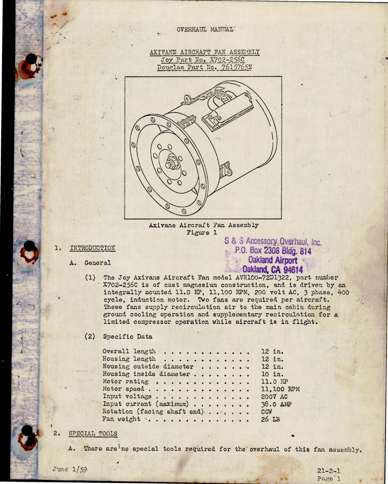 Sample page 1 from AirCorps Library document: Overhaul Manual for Axivane Fan Assembly - Joy Part X702-256C - Douglas Part 7615765E