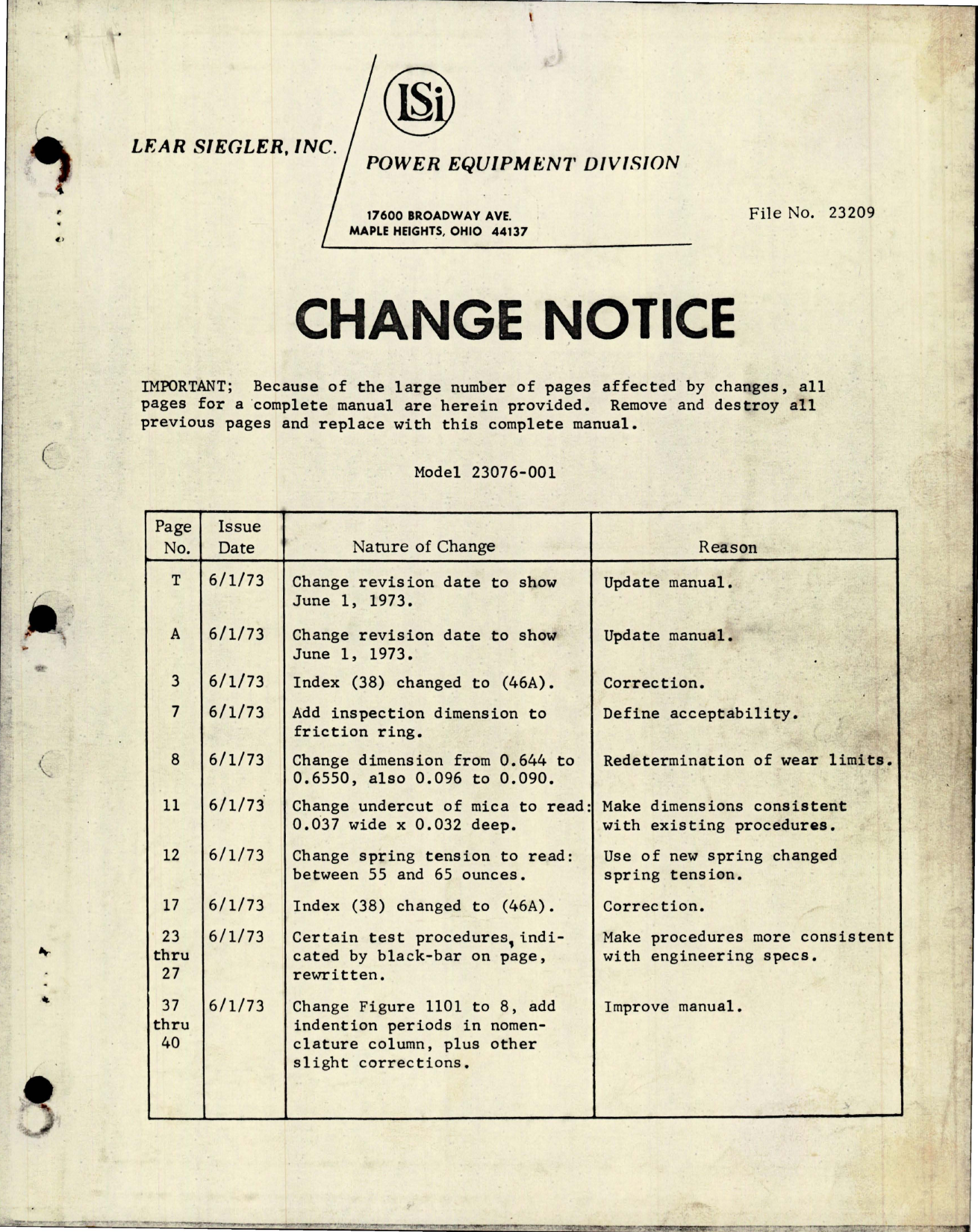 Sample page 1 from AirCorps Library document: Change Notice for DC Starter Generator - Model 23076-001