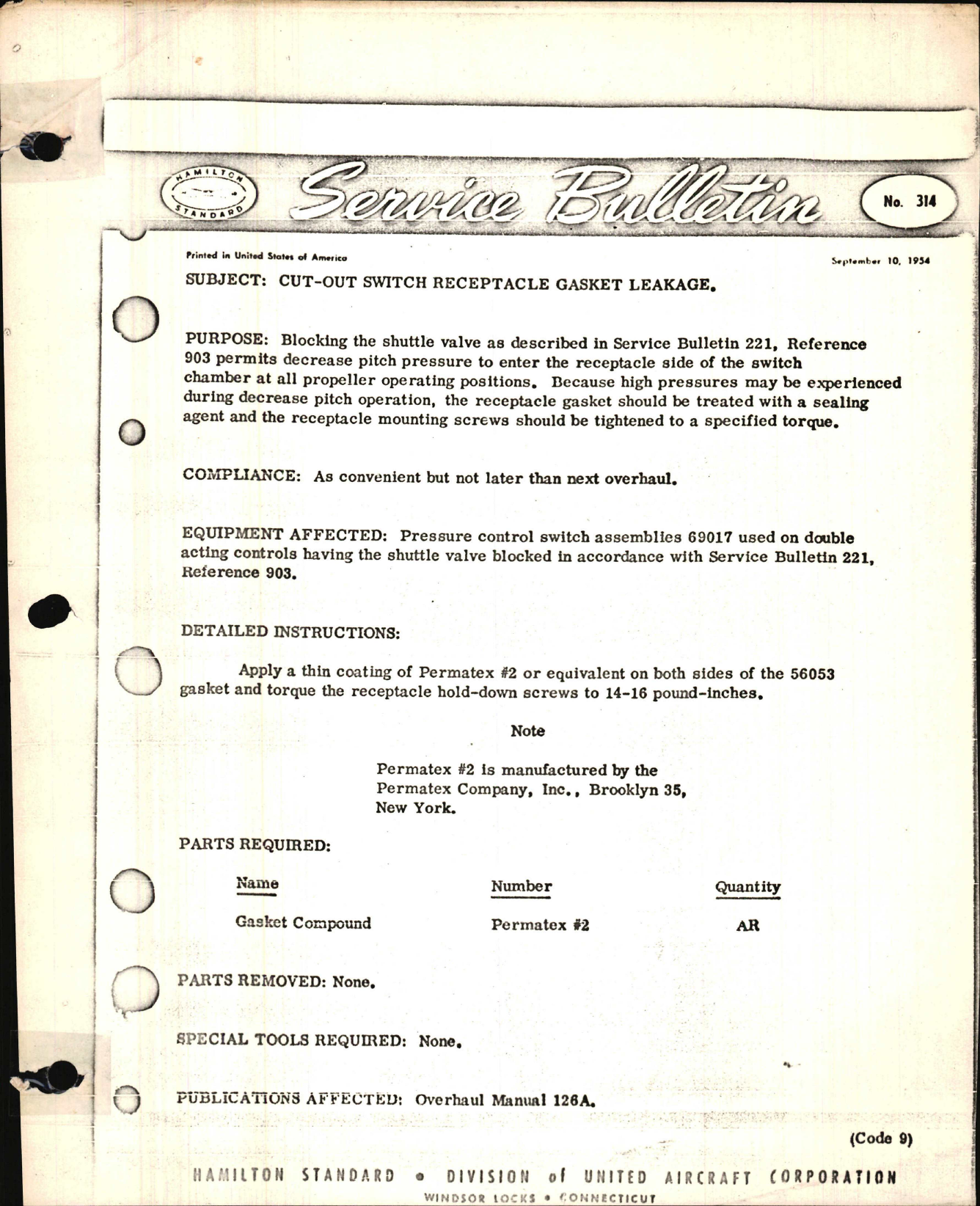Sample page 1 from AirCorps Library document: Cut-Out Switch Receptacle Gasket Leakage
