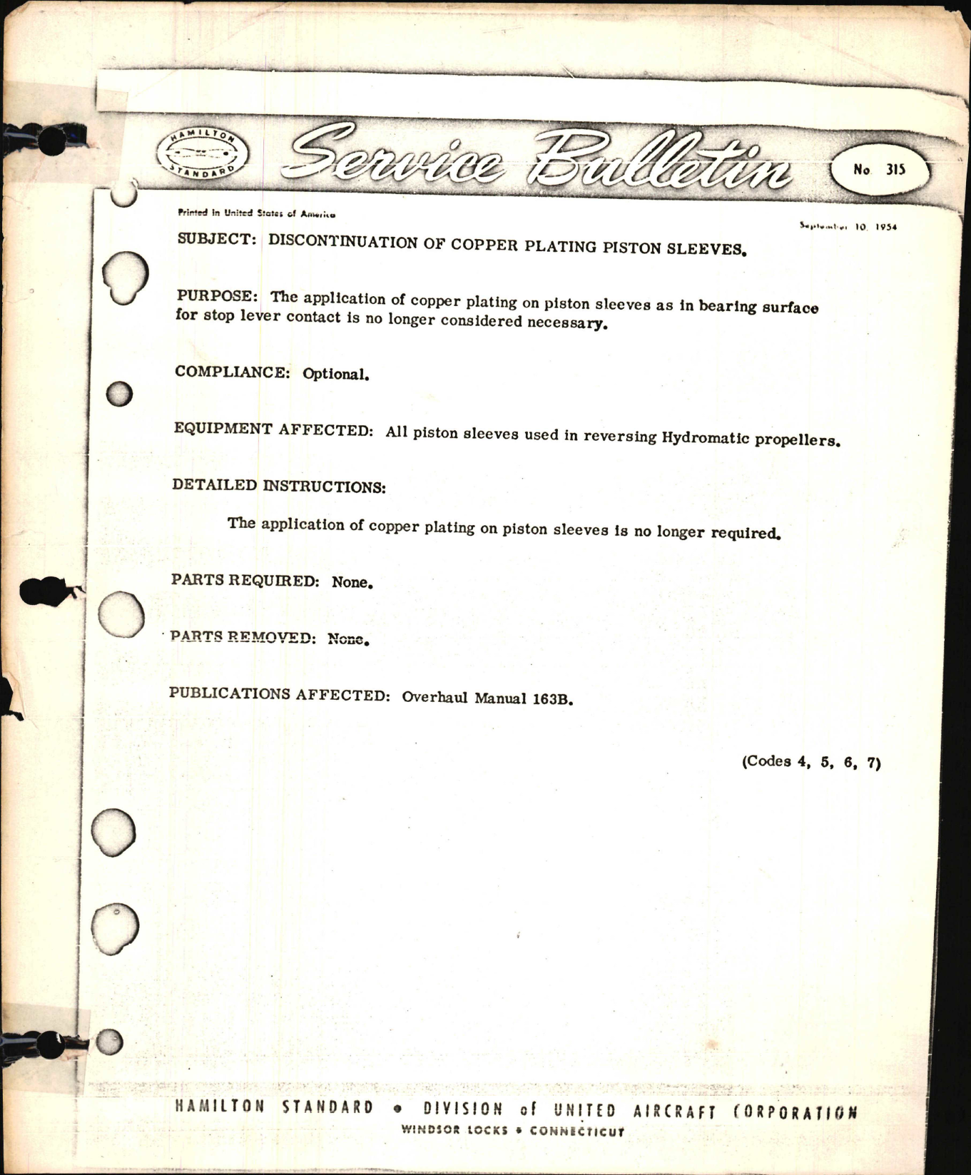 Sample page 1 from AirCorps Library document: Discontinuation of Copper Plating Piston Sleeves