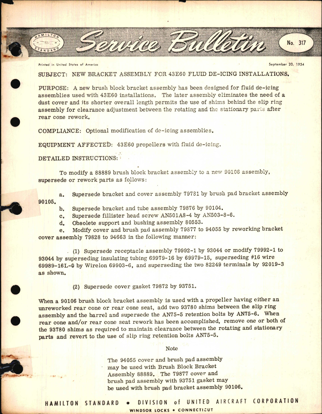 Sample page 1 from AirCorps Library document: New Bracket Assembly for 43E60 Fluid De-Icing Installations