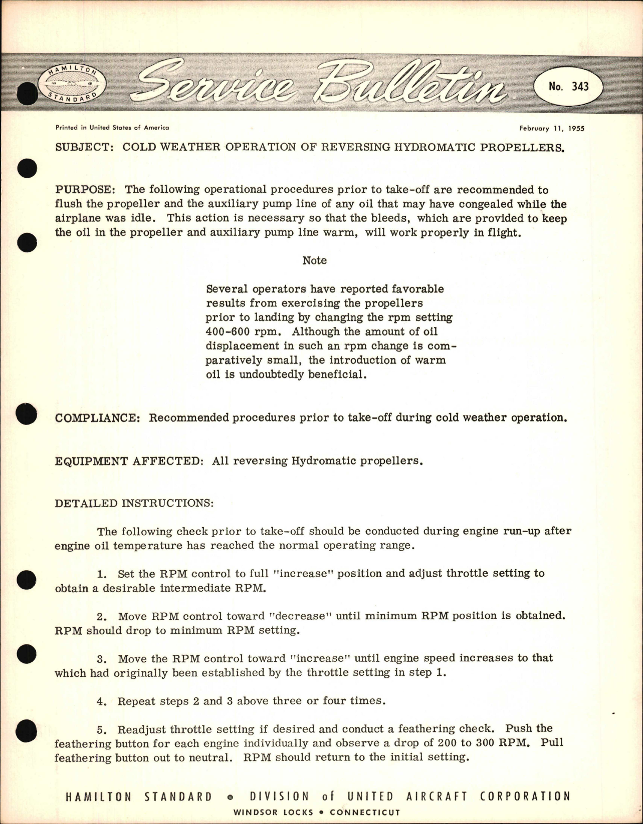 Sample page 1 from AirCorps Library document: Cold Weather Operation of Reversing Hydromatic Propellers