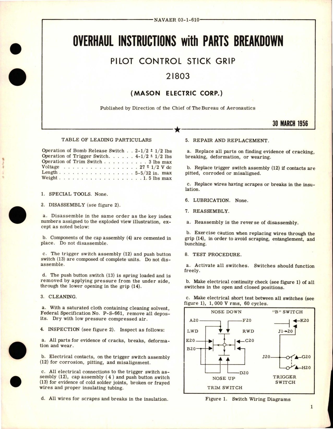 Sample page 1 from AirCorps Library document: Overhaul Instructions with Parts Breakdown for Pilot Control Stick Grip - 21803 