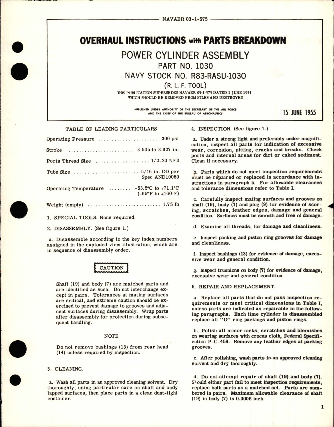 Sample page 1 from AirCorps Library document: Overhaul Instructions with Parts Breakdown for Power Cylinder Assembly - Part 1030
