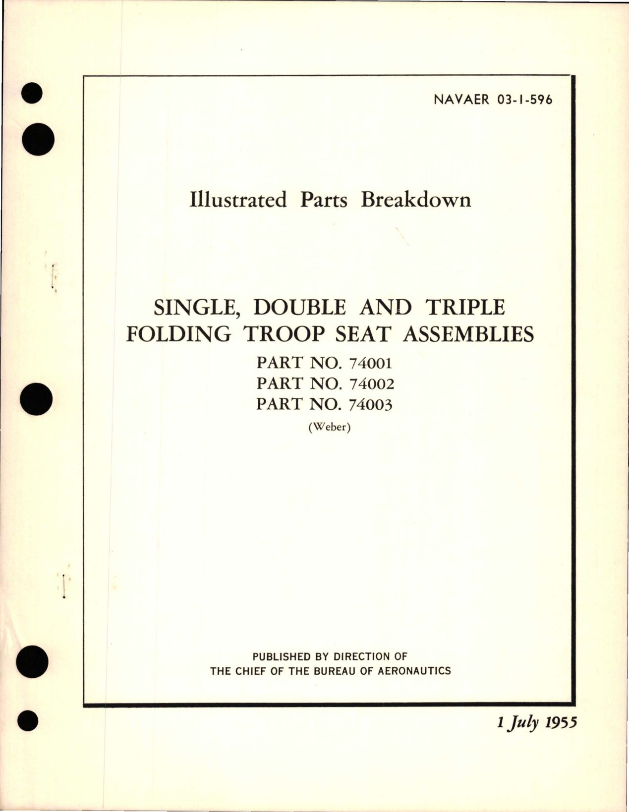 Sample page 1 from AirCorps Library document: Illustrated Parts Breakdown for Single, Double, and Triple Folding Troop Seat Assemblies - Parts 74001, 74002, and 74003