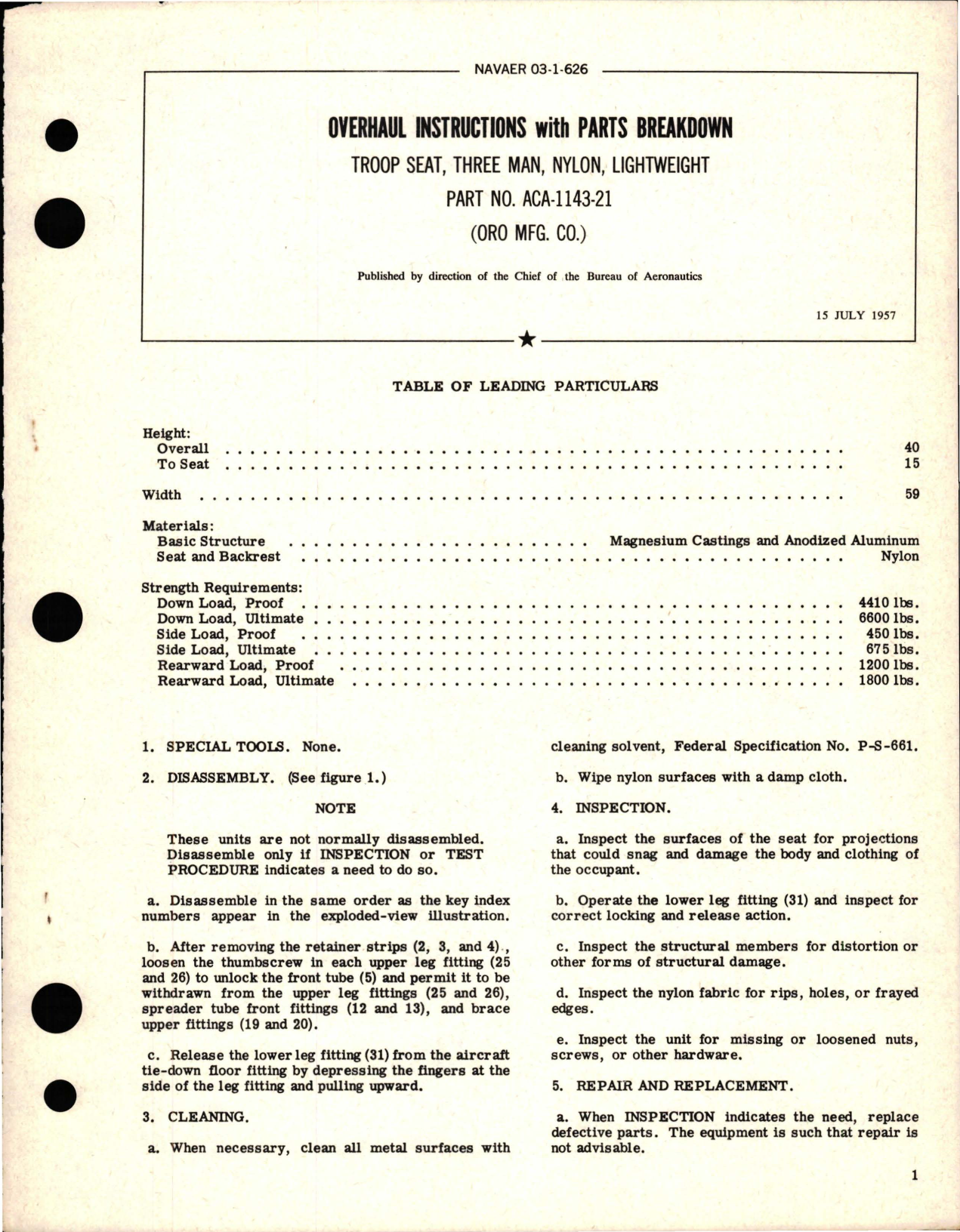 Sample page 1 from AirCorps Library document: Overhaul Instructions with Parts Breakdown for Lightweight, Nylon, Three Man Troop Seat - Part ACA-1143-21
