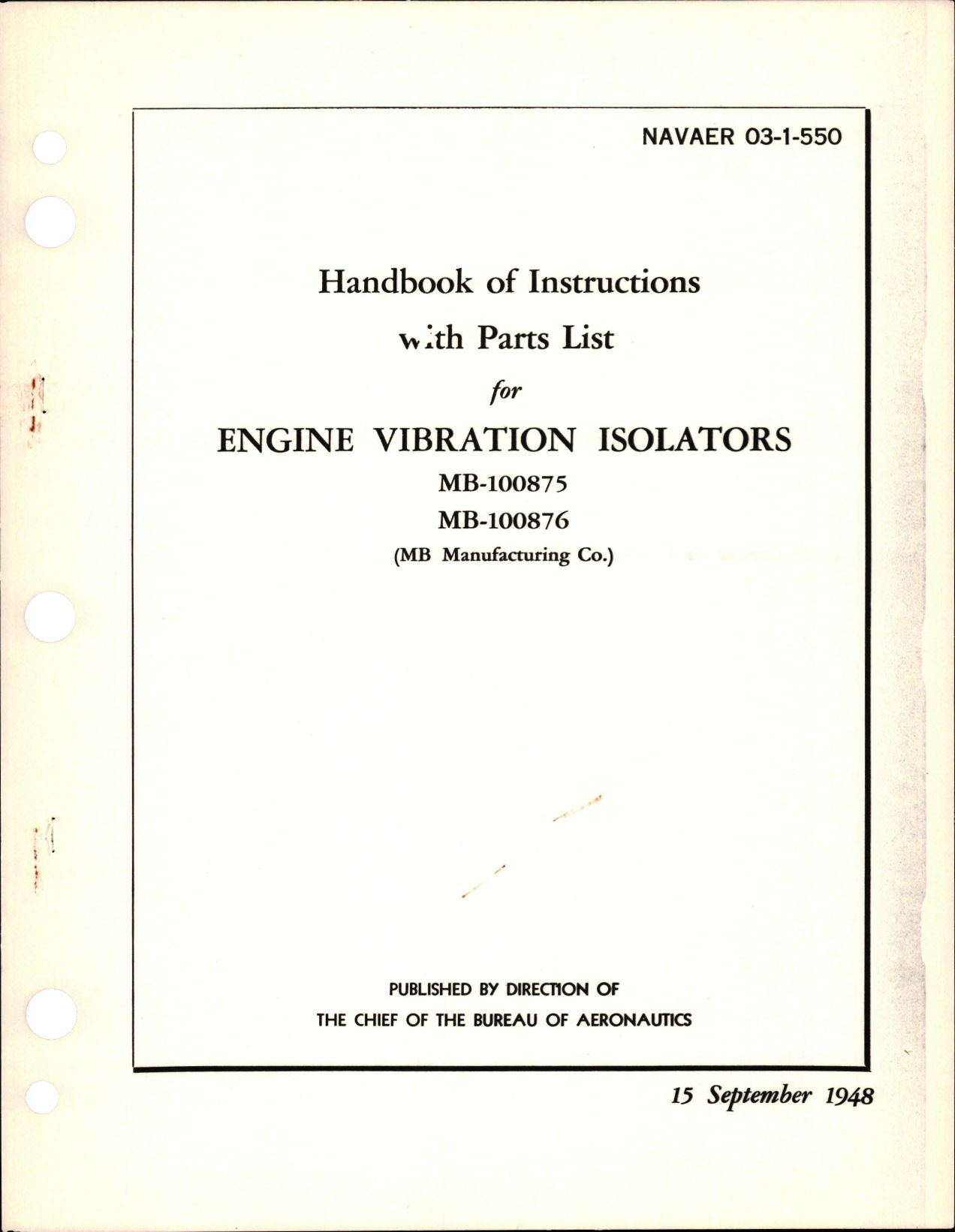 Sample page 1 from AirCorps Library document: Instructions with Parts List for Engine Vibration Isolators - MB-100875 and MB-100876