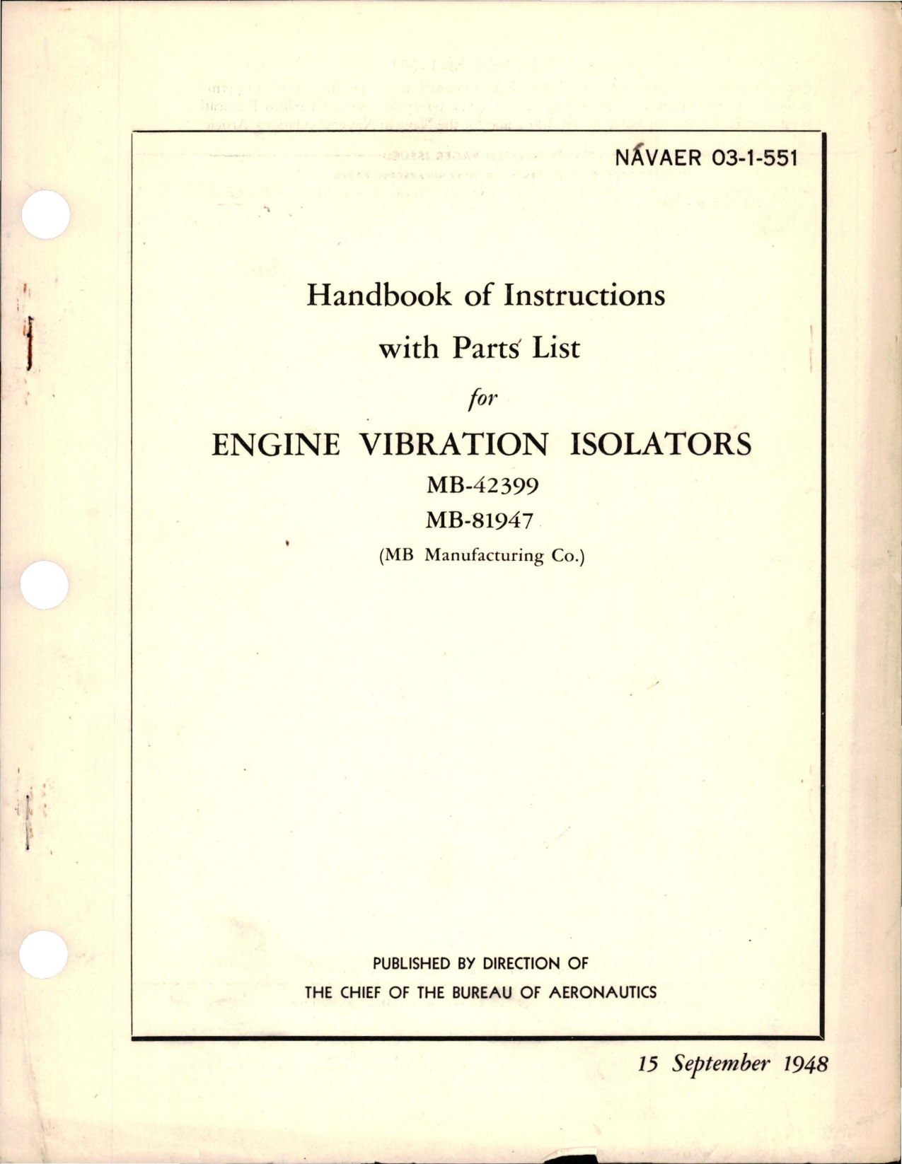 Sample page 1 from AirCorps Library document: Instructions with Parts List for Engine Vibration Isolators - MB-42399 and MB-81947