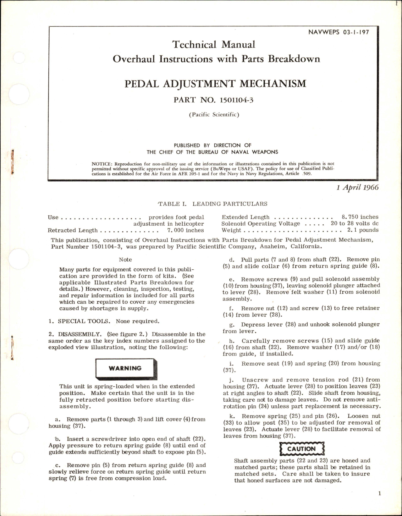 Sample page 1 from AirCorps Library document: Overhaul Instructions with Parts Breakdown for Pedal Adjustment Mechanism - Part 1501104-3