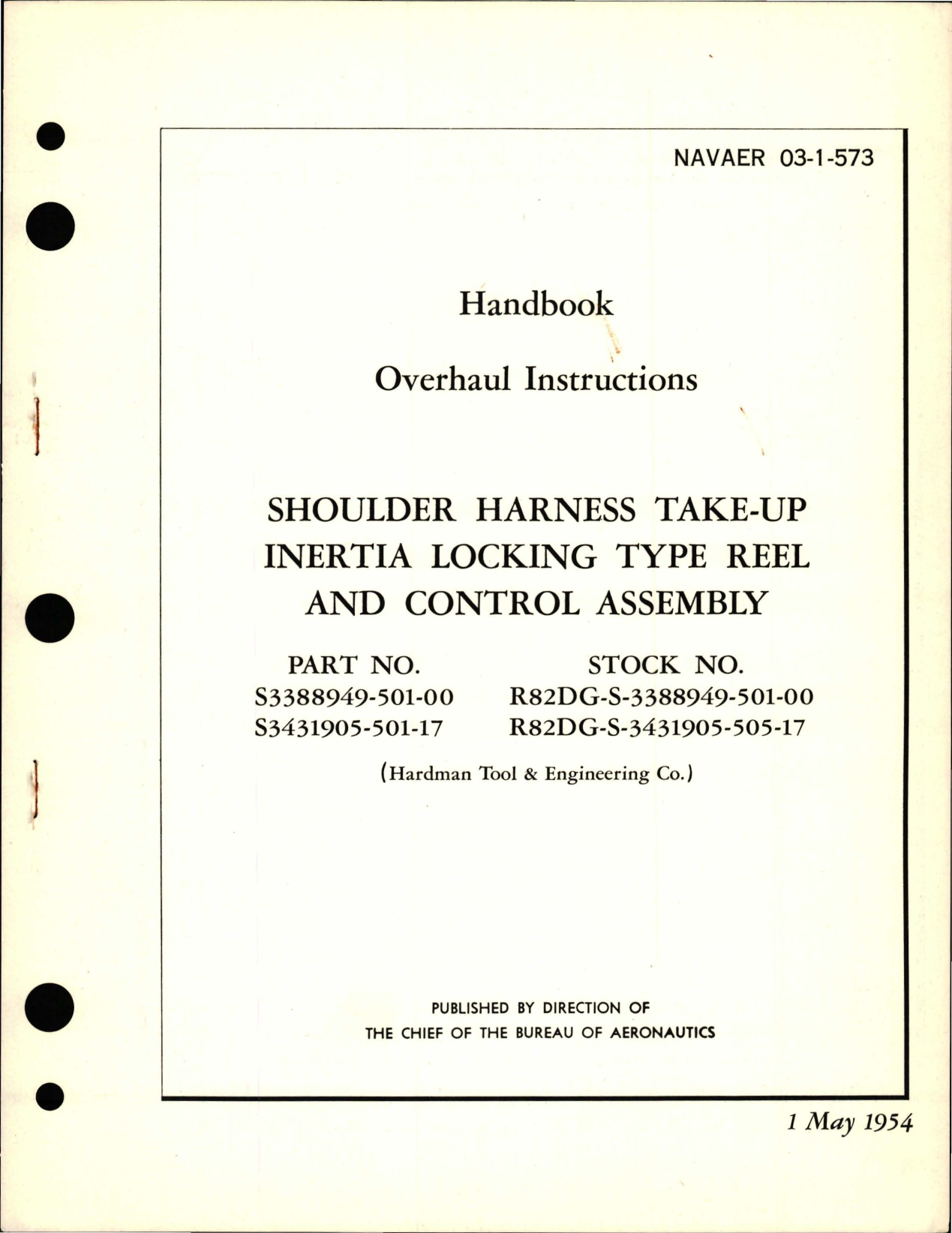 Sample page 1 from AirCorps Library document: Overhaul Instructions for Shoulder Harness Take-Up Inertia Locking Type Reel and Control Assembly - Parts S3388949-501-00 and S3431905-501-17 