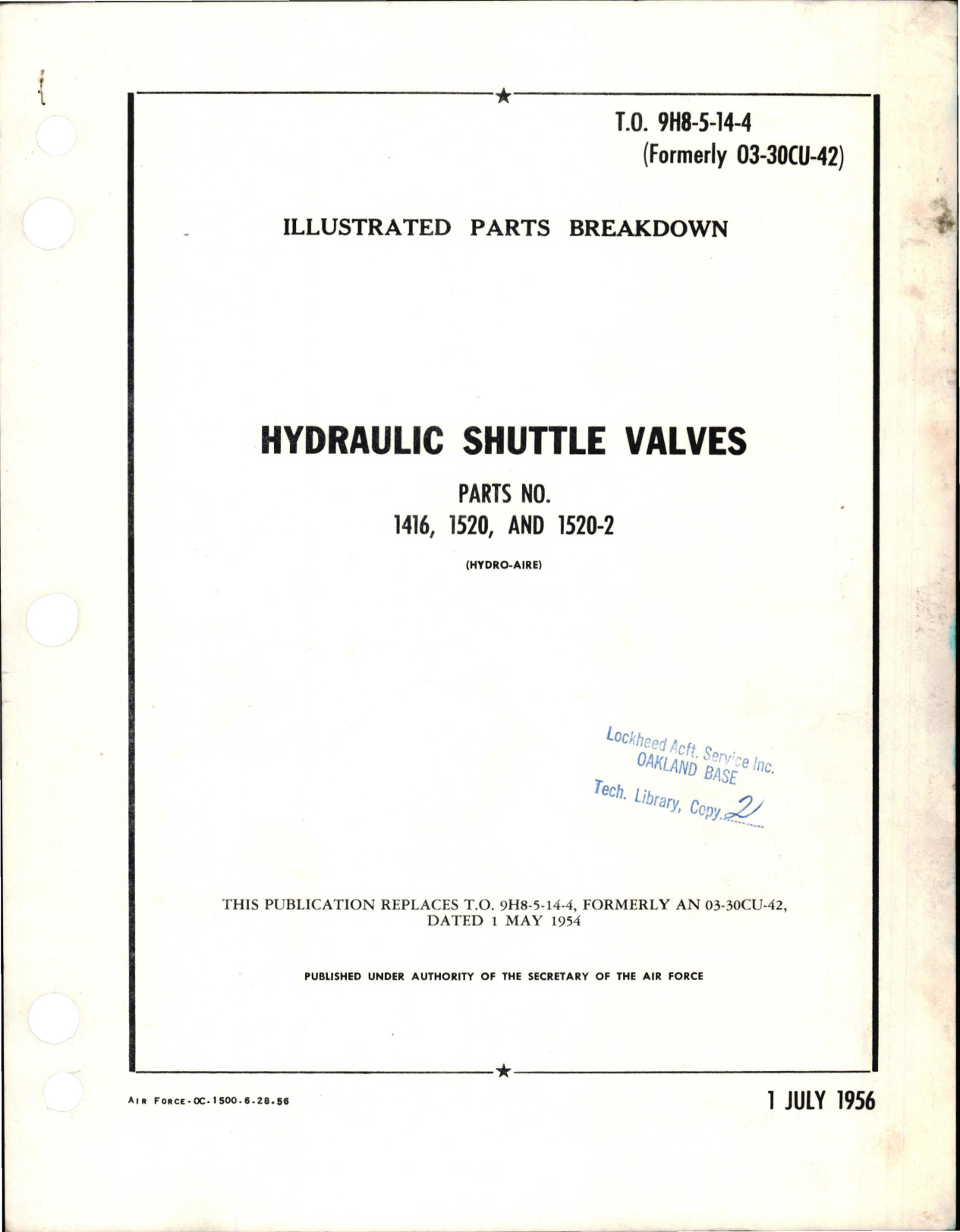 Sample page 1 from AirCorps Library document: Illustrated Parts Breakdown for Hydraulic Shuttle Valves - Parts 1416, 1520, 1520-2 