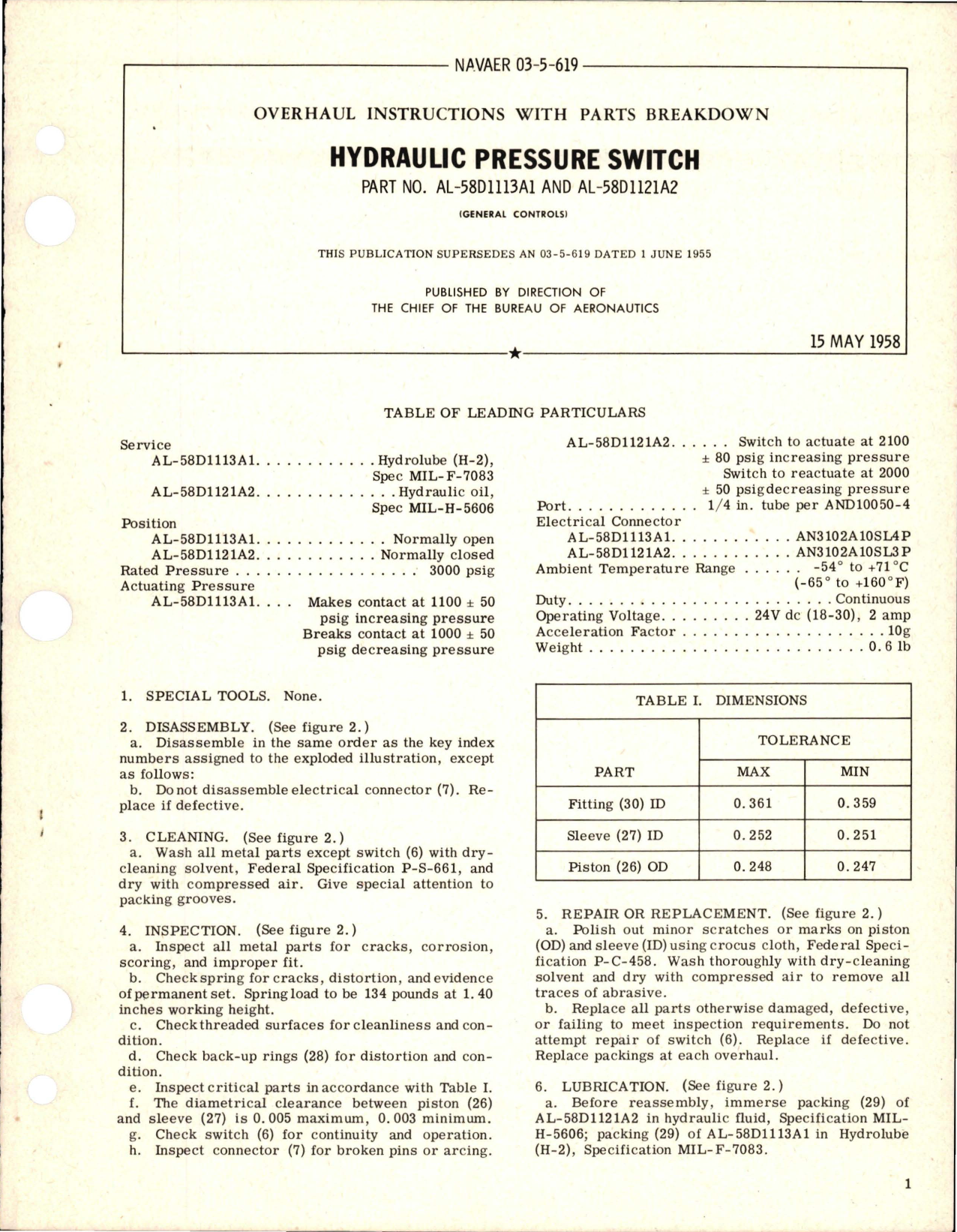 Sample page 1 from AirCorps Library document: Overhaul Instructions with Parts Breakdown for Hydraulic Pressure Switch - Parts AL-58D1113A1 and AL-58D1121A2