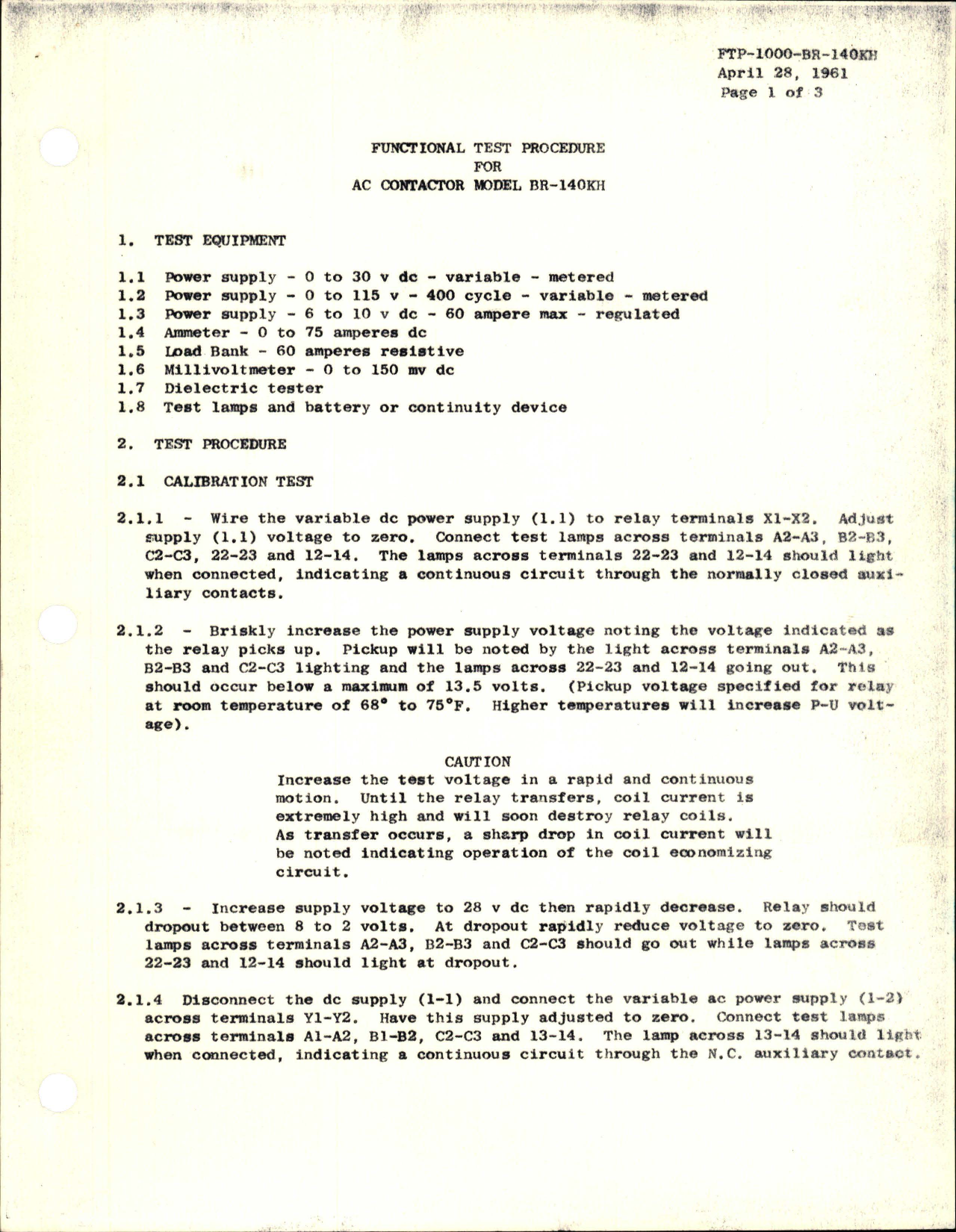 Sample page 1 from AirCorps Library document: Functional Test Procedure for AC Contactor - Model BR-140KH