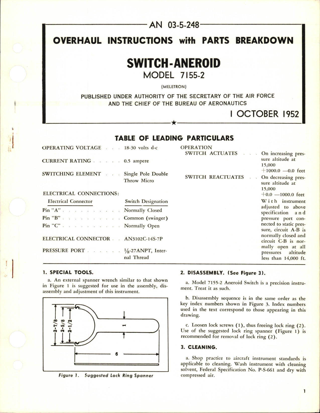 Sample page 1 from AirCorps Library document: Overhaul Instructions with Parts Breakdown for Aneroid Switch - Model 7155-2