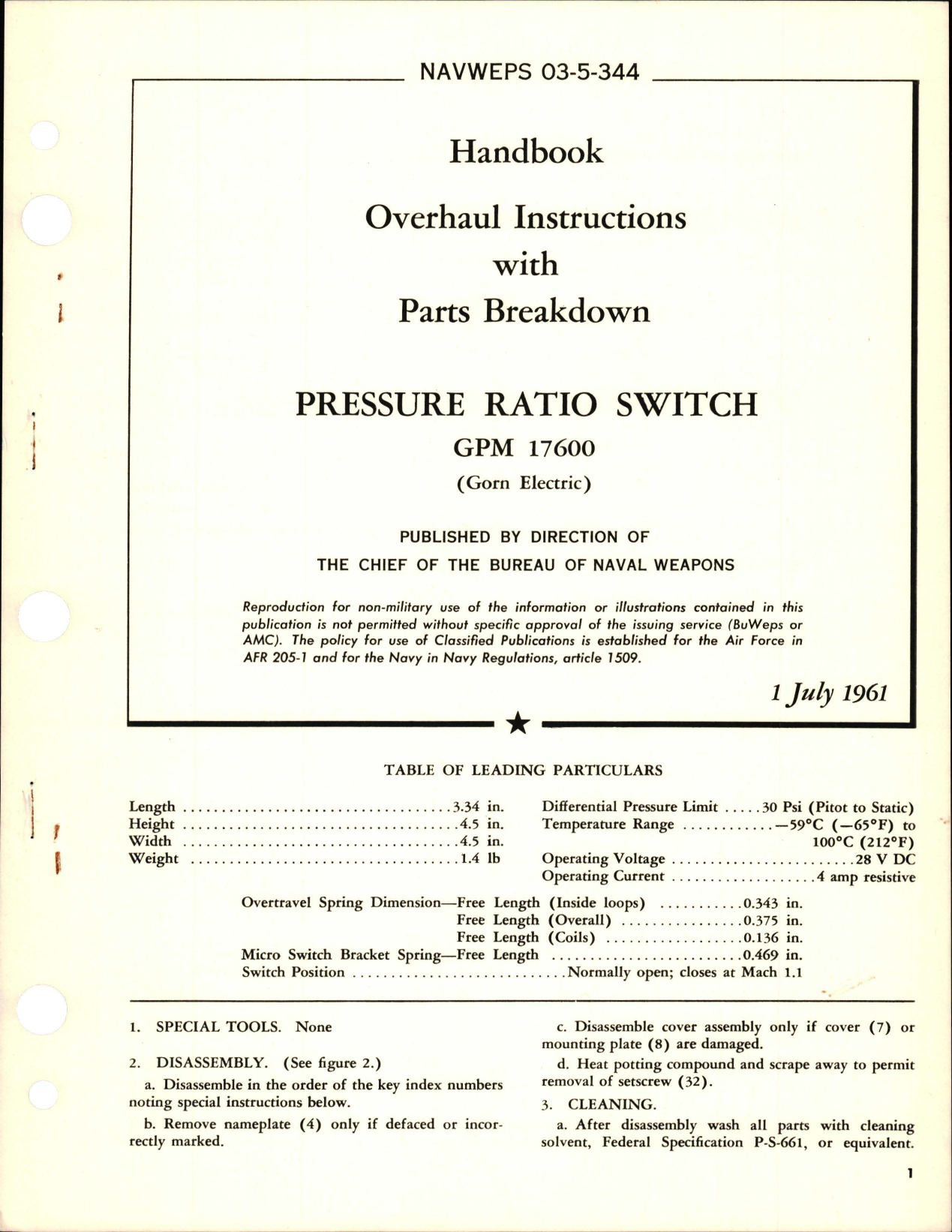 Sample page 1 from AirCorps Library document: Overhaul Instructions with Parts Breakdown for Pressure Ratio Switch - GPM 17600 