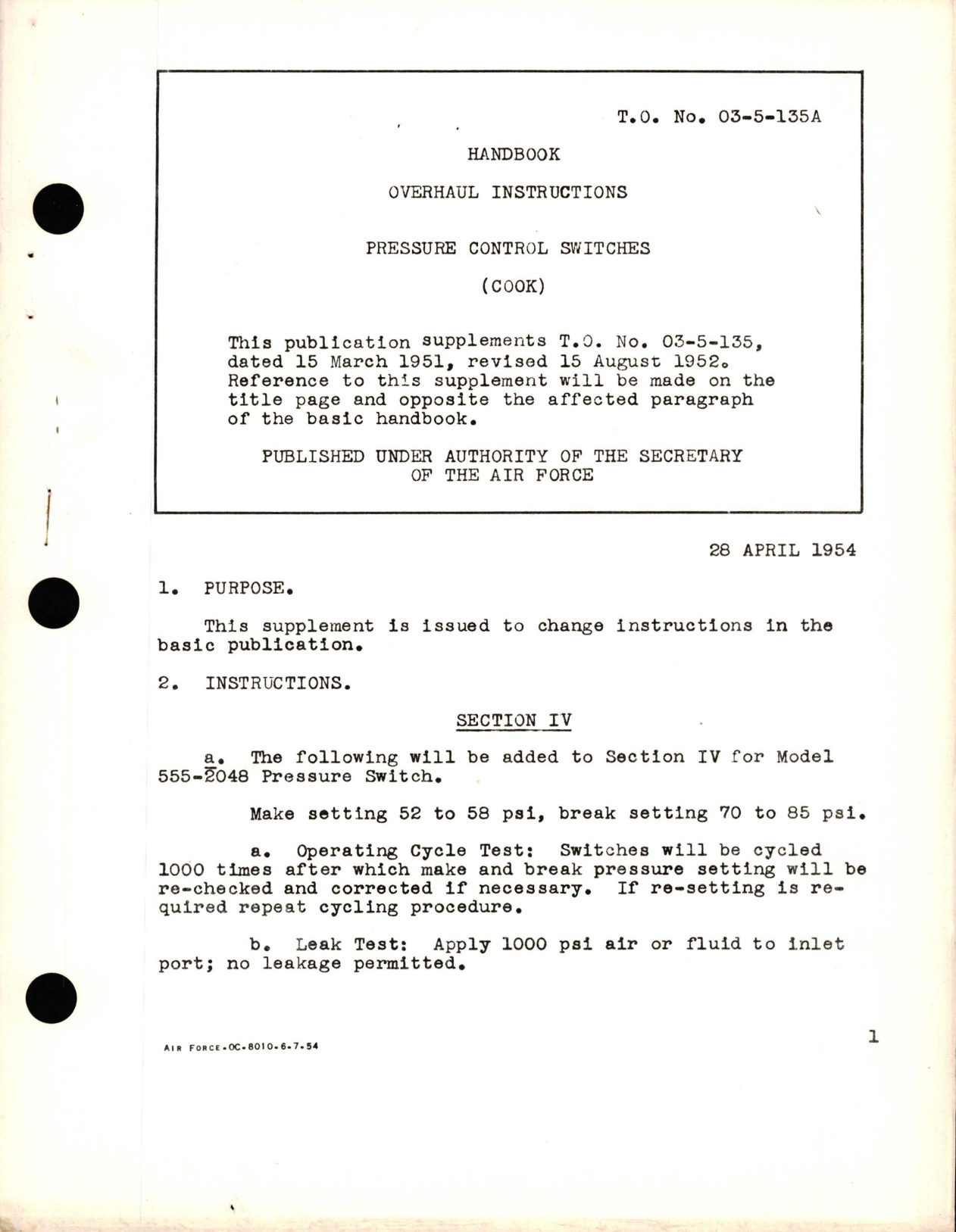 Sample page 1 from AirCorps Library document: Overhaul Instructions for Pressure Control Switches 