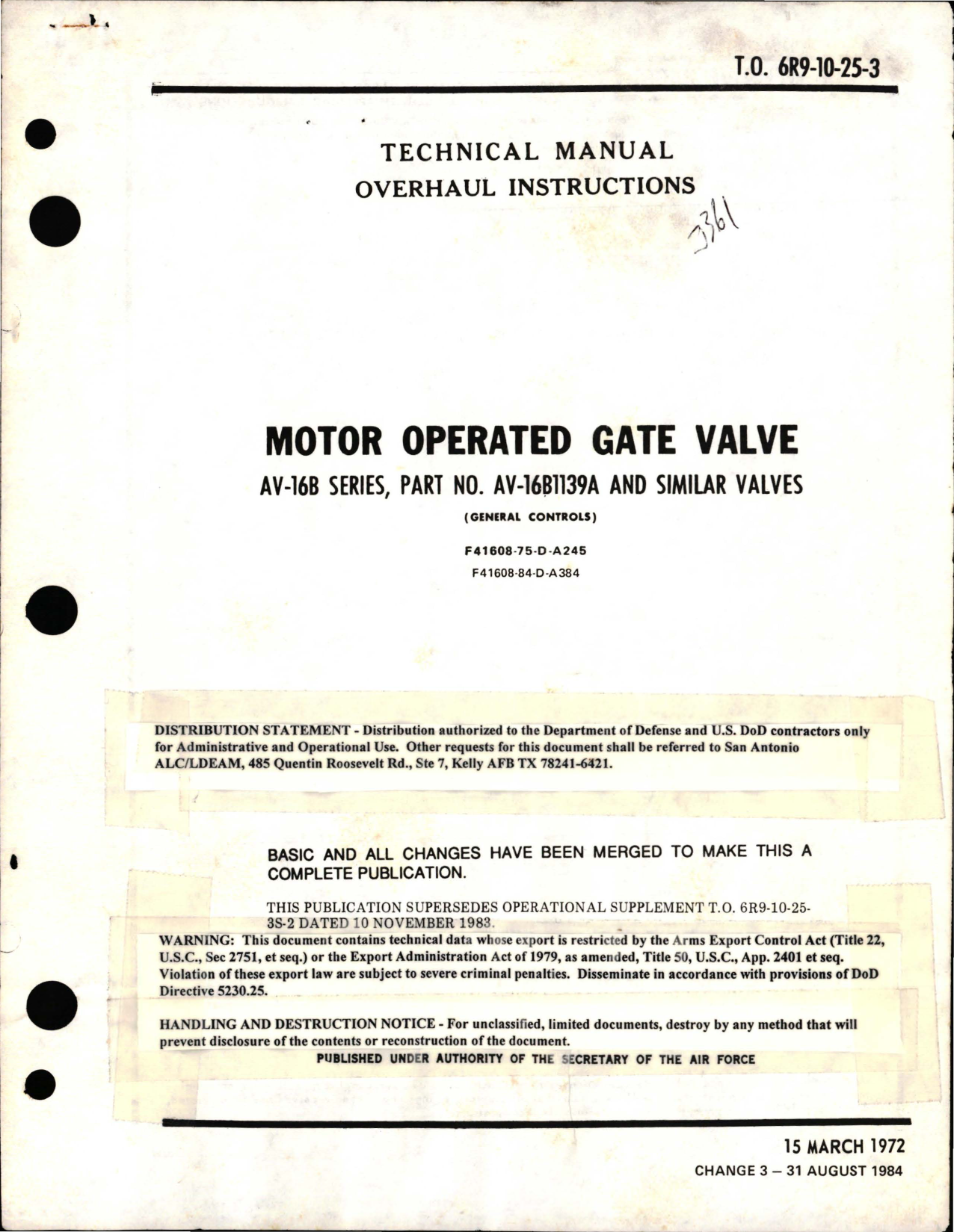 Sample page 1 from AirCorps Library document: Overhaul Instructions for Motor Operated Gate Valve - AV-16B Series - Part AV-16B1139A and Similar Valves