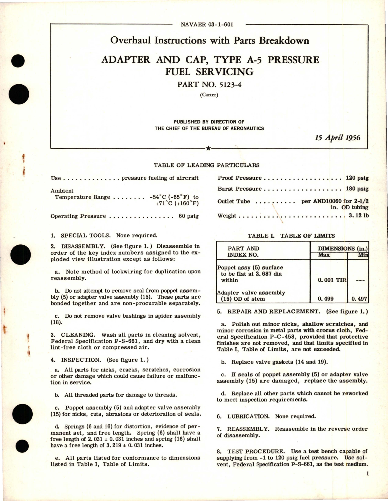 Sample page 1 from AirCorps Library document: Overhaul Instructions with Parts Breakdown for Pressure Fuel Servicing Adapter and Cap - Type A-5 - Part 5123-4