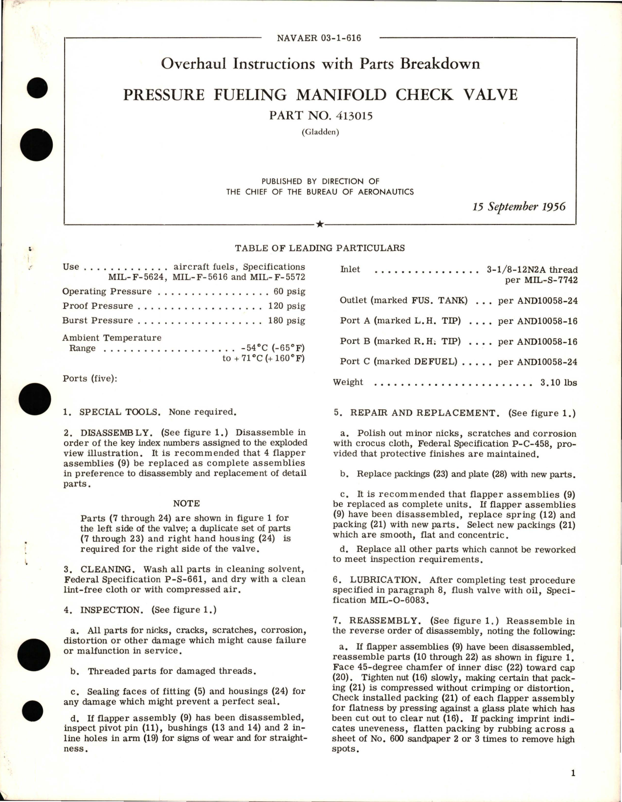 Sample page 1 from AirCorps Library document: Overhaul Instructions with Parts Breakdown for Pressure Fueling Manifold Check Valve - Part 413015