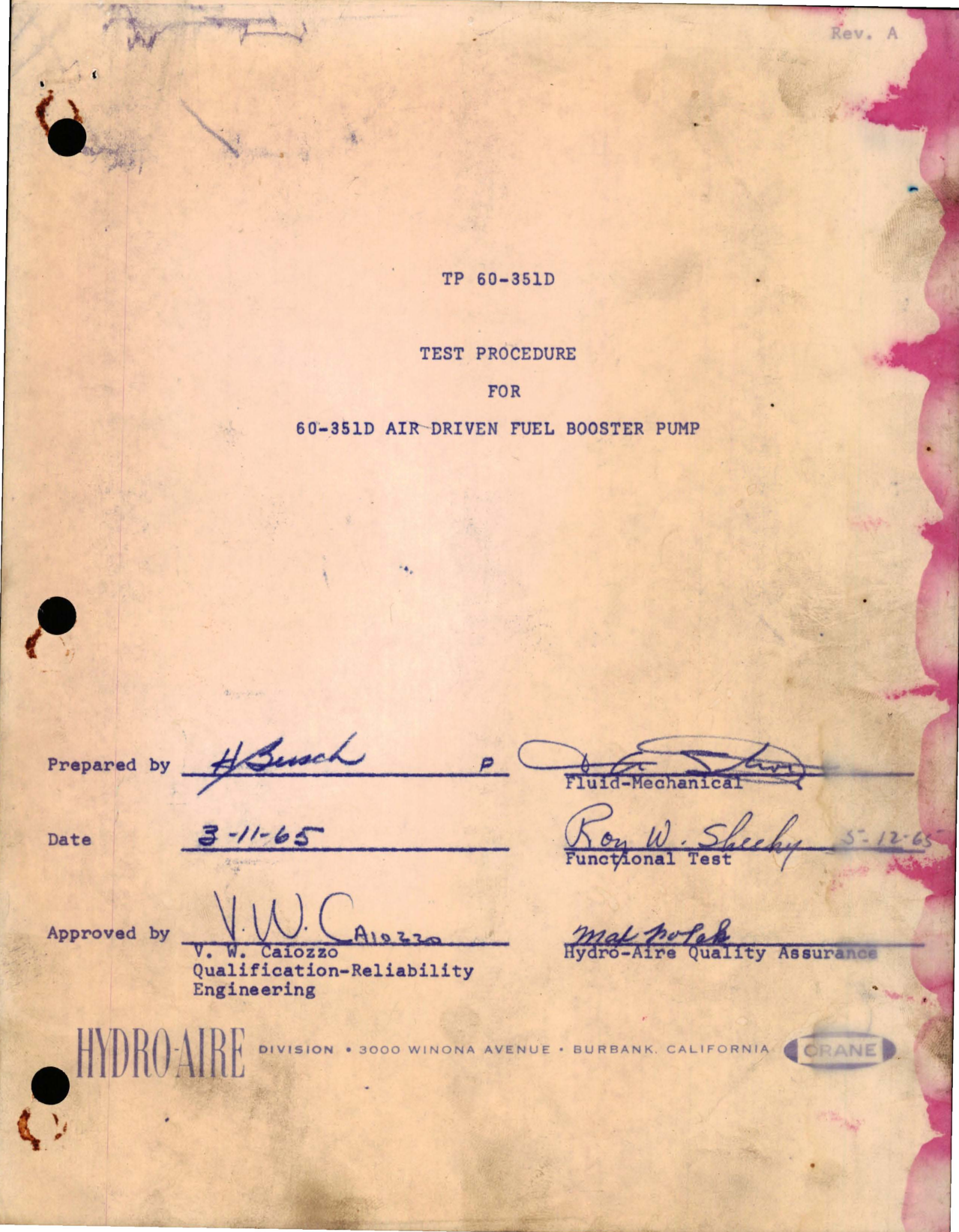 Sample page 1 from AirCorps Library document: Test Procedure for Air Driven Fuel Booster Pump - 60-351D