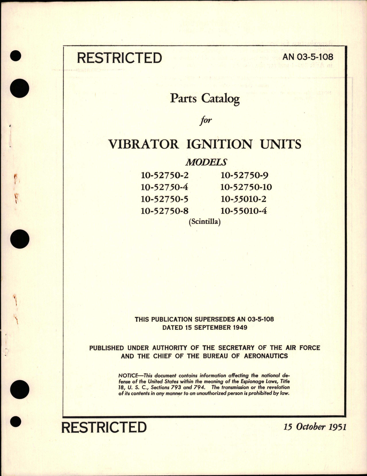 Sample page 1 from AirCorps Library document: Parts Catalog for Vibrator Ignition Units 