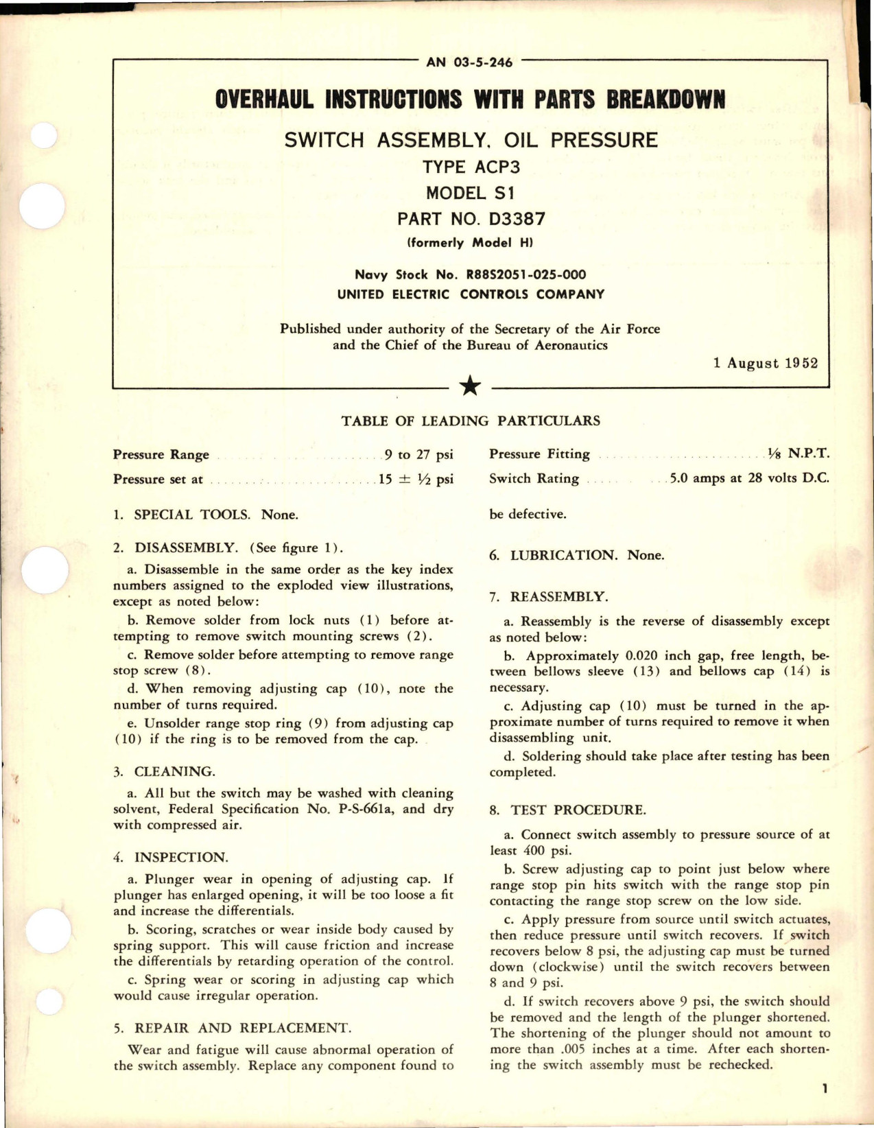 Sample page 1 from AirCorps Library document: Overhaul Instructions with Parts Breakdown for Oil Pressure Switch Assembly - Type ACP3 - Model S1 - Part D3387 