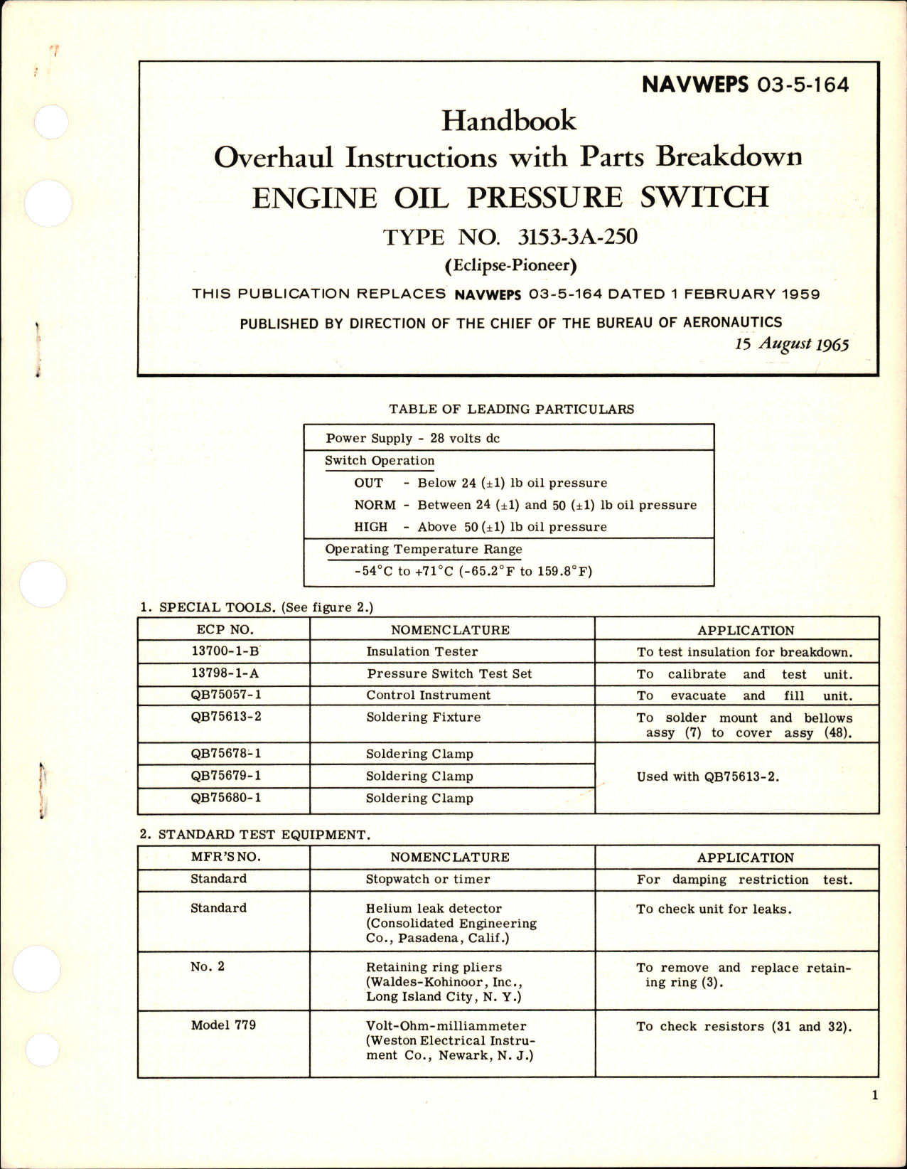 Sample page 1 from AirCorps Library document: Overhaul Instructions with Parts Breakdown for Engine Oil Pressure Switch - Type 3153-3A-250