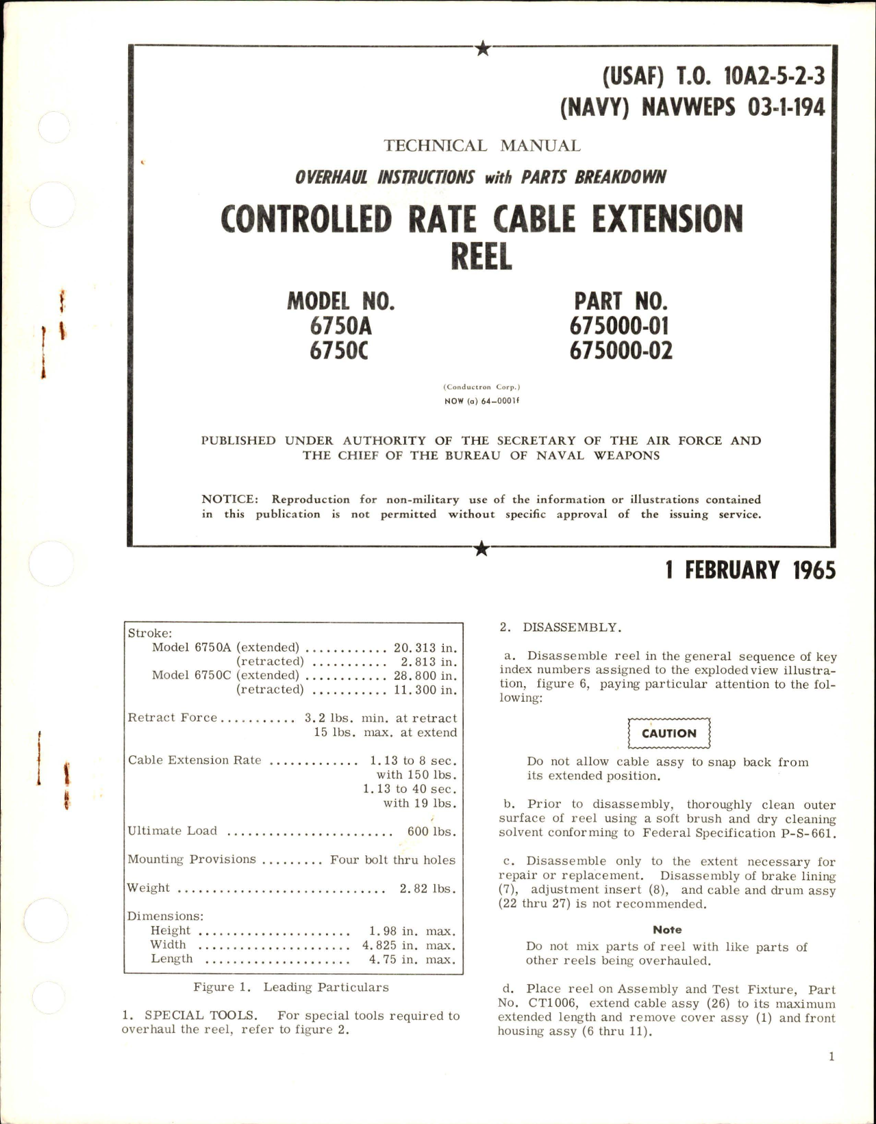 Sample page 1 from AirCorps Library document: Overhaul Instructions with Parts Breakdown for Controlled Rate Cable Extension Reel - Model 6750A and 6750C