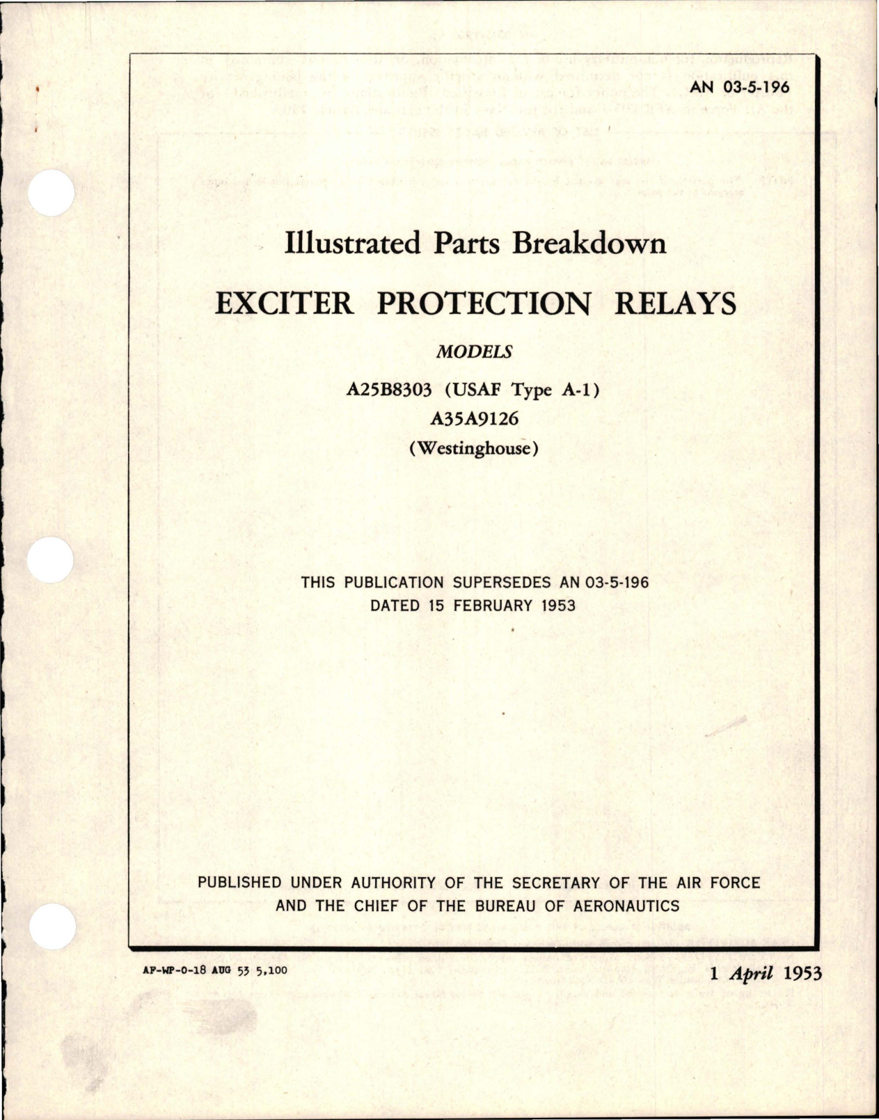 Sample page 1 from AirCorps Library document: Illustrated Parts Breakdown for Exciter Protection Relays - Models A25B8303 (USAF Type A-1) and A35A9126
