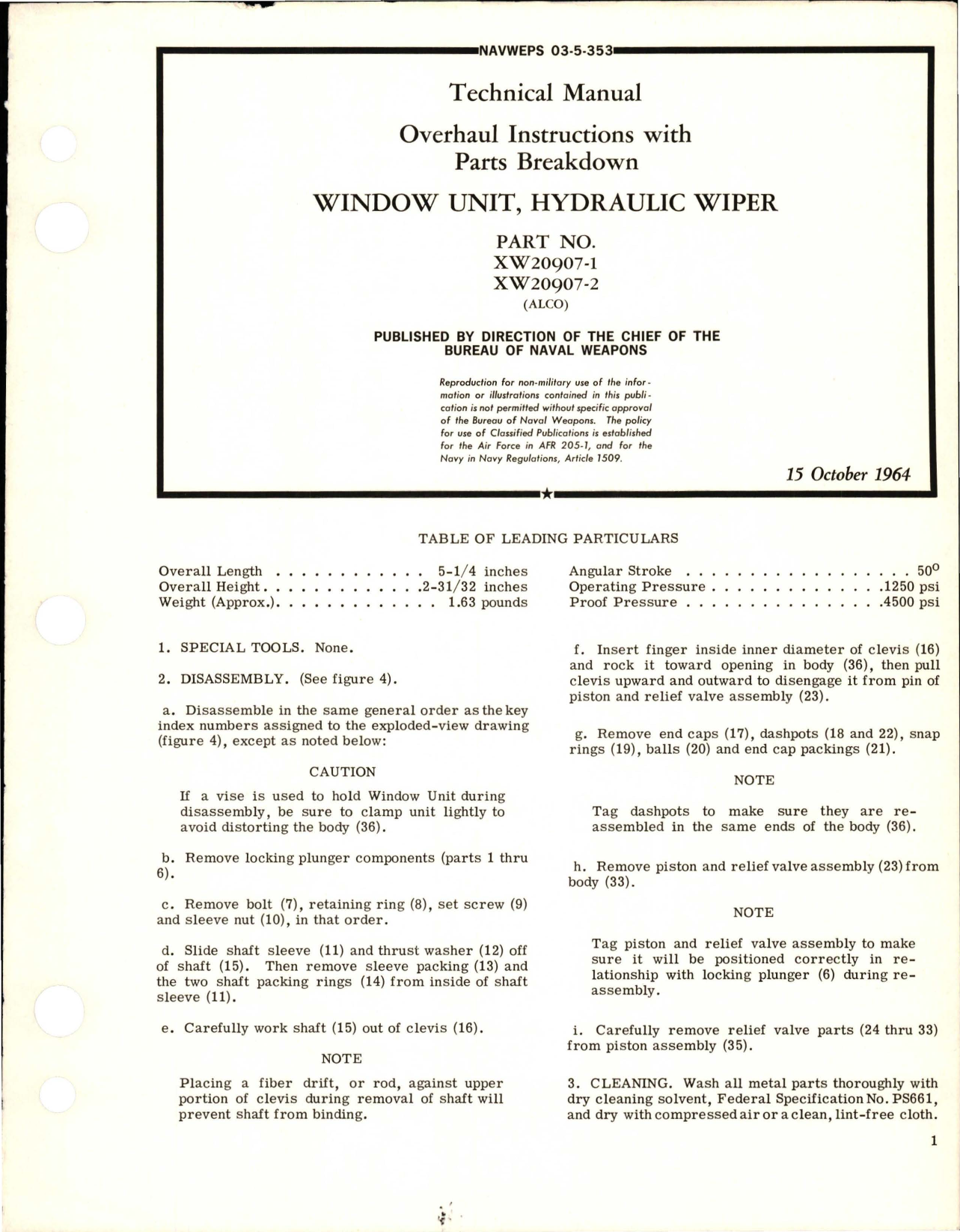 Sample page 1 from AirCorps Library document: Overhaul Instructions with Parts Breakdown for Hydraulic Wiper Window Unit - Parts XW20907-1 and XW20907-2 