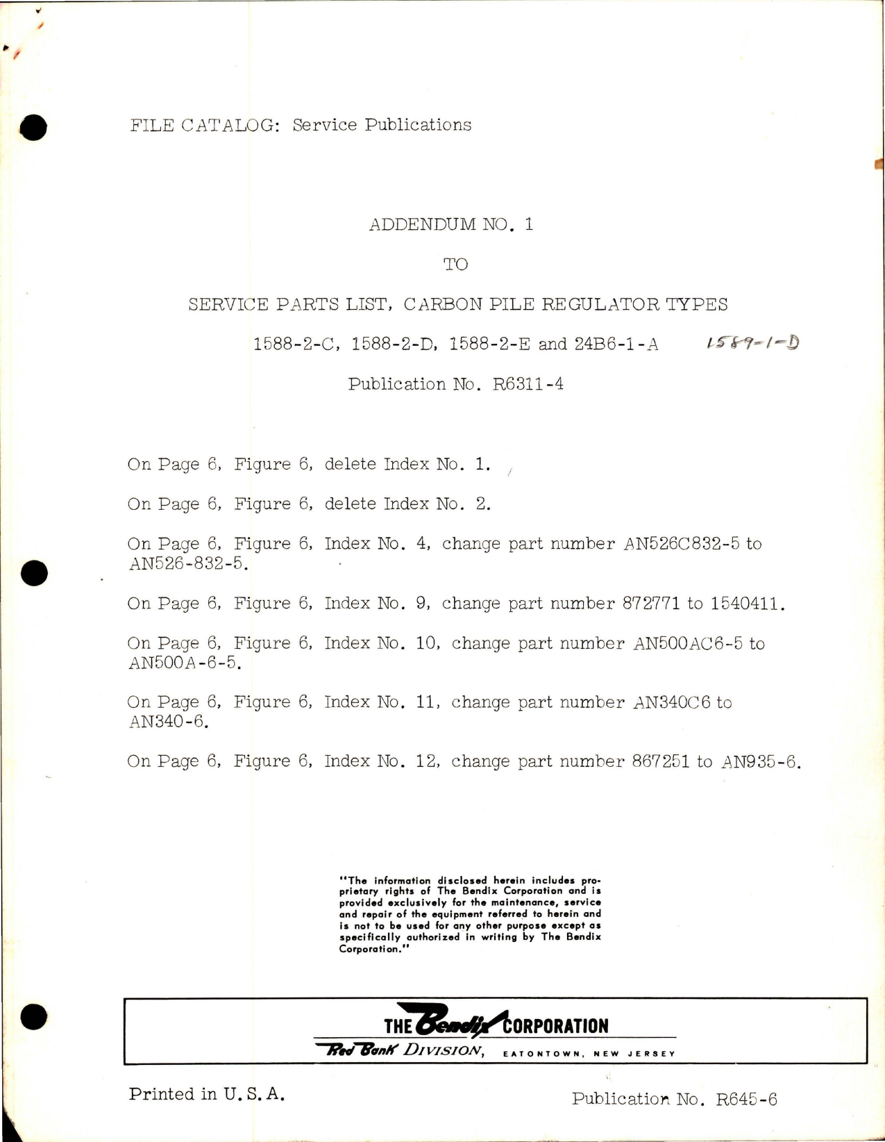Sample page 1 from AirCorps Library document: Addendum No. 1 to Publication No. R6311-4 - Service Parts List for Carbon Pile Regulator