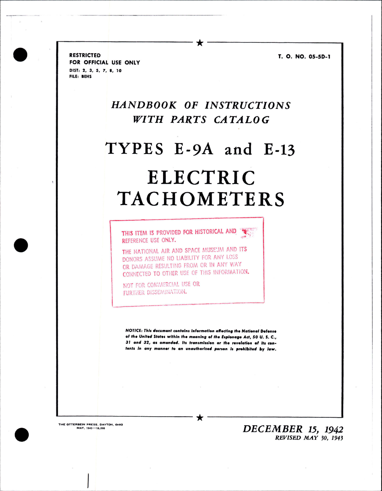 Sample page 1 from AirCorps Library document: Instructions with Parts Catalog for Electric Tachometers - Types E-9A and E-13 
