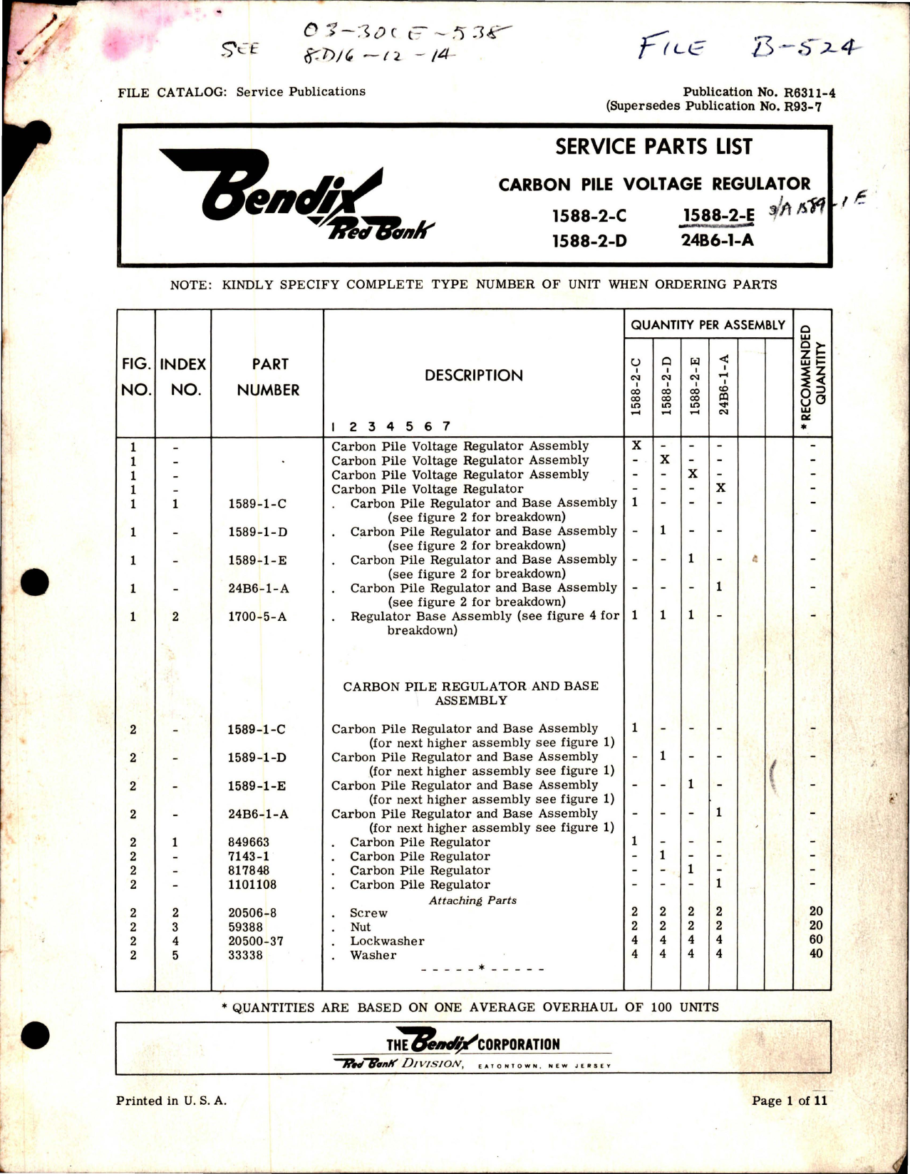 Sample page 1 from AirCorps Library document: Service Parts List for Carbon Pile Voltage Regulator - 1588-2-C, 1588-2-D, 1588-2-E, and 24B6-1-A 