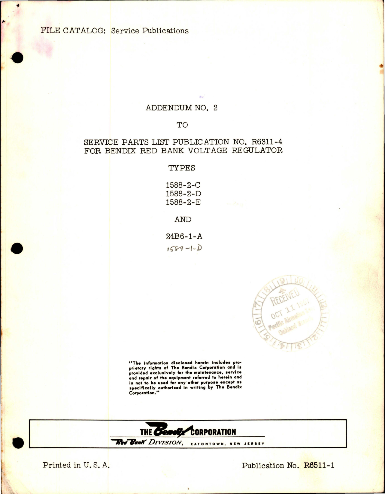 Sample page 1 from AirCorps Library document: Service Parts List for Voltage Regulator -  Addendum No. 2  to Publication No. 6311-4 - Types 1588-2-C, 1588-2-D, 1588-2-E and 24B6-1-A