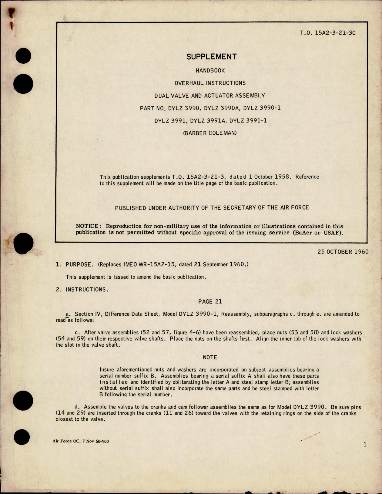 Sample page 1 from AirCorps Library document: Supplement to Overhaul Instructions for Dual Valve and Actuator Assembly