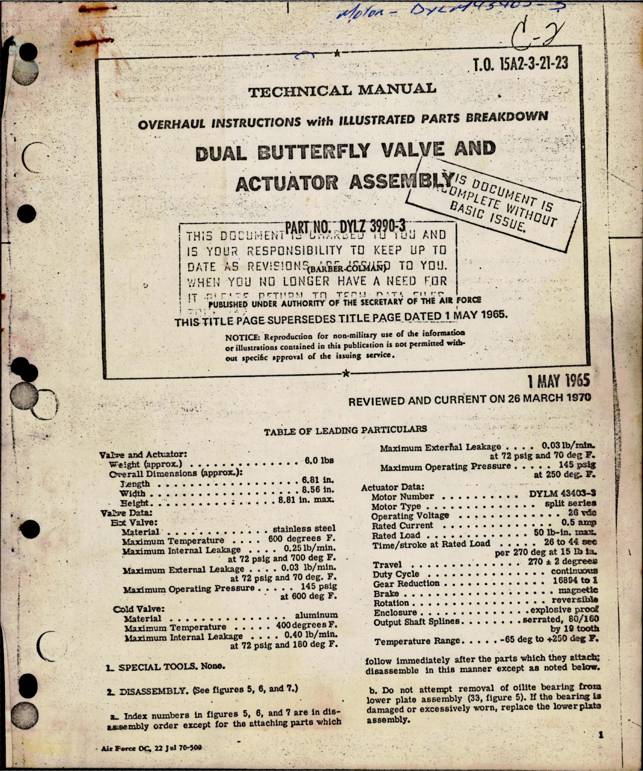 Sample page 1 from AirCorps Library document: Overhaul Instructions with Parts Breakdown for Dual Butterfly Valve and Actuator Assembly - Part DYLZ 3990-3