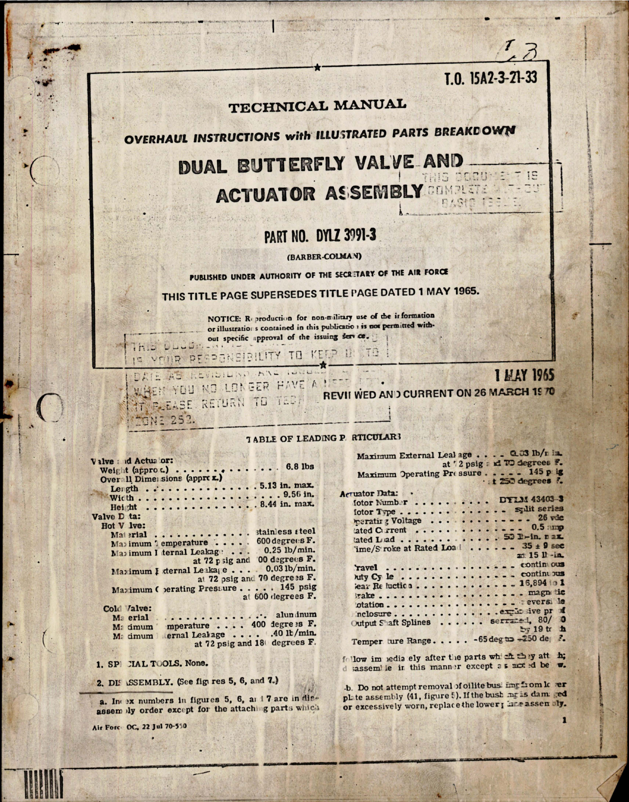 Sample page 1 from AirCorps Library document: Overhaul Instructions with Parts Breakdown for Dual Butterfly Valve and Actuator Assembly - Part DYLZ 3991-3 