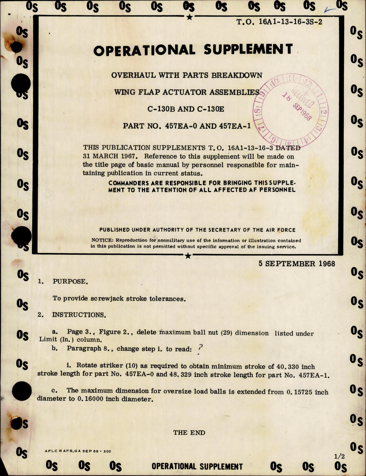 Sample page 1 from AirCorps Library document: Supplement to Overhaul Manual for Wing Flap Actuator Assemblies C-130B and C130E